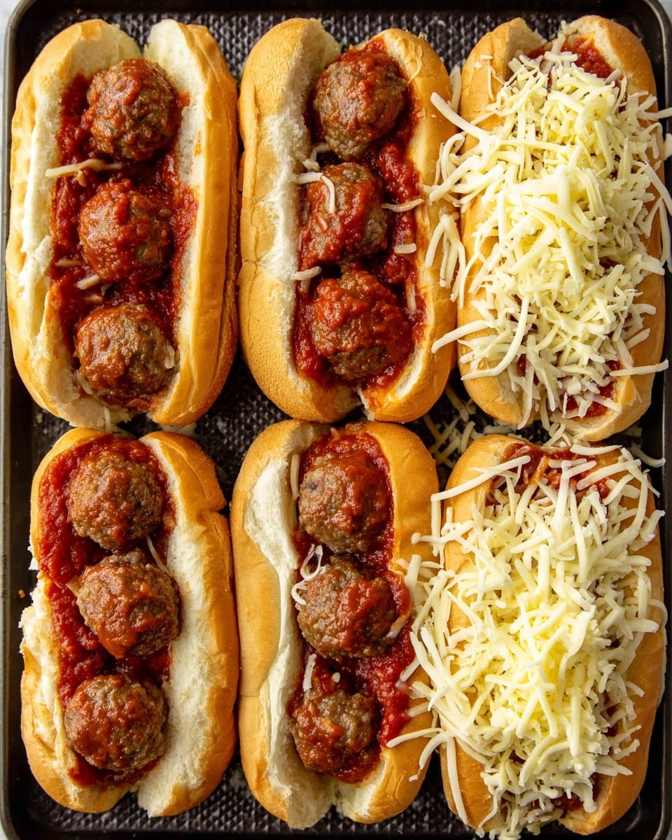 Eight meatball subs are shown on a dark textured tray, each with three round brown meatballs at the bottom layer inside soft white buns. Above the meatballs, there is a thick red tomato sauce spread over them. Five of the subs on the right half of the tray have a top layer of shredded light yellow cheese sprinkled generously, some cheese falling onto the tray. The background is a white marbled texture. Photo taken with an iphone --ar 4:5 --v 7