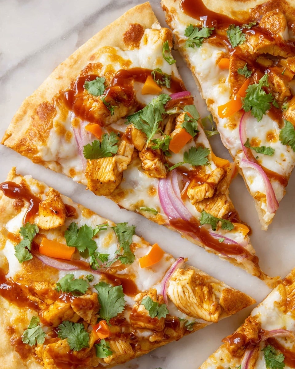 The image shows three slices of pizza on a white marbled surface, each with a light golden crust that is thin and crisp. The first layer on the pizza is melted white cheese, smooth and stringy, covering the crust evenly. On top of the cheese, there are pieces of cooked chicken in a warm orange color, with a juicy and slightly roasted texture. Mixed with the chicken are small orange bell pepper strips and thin purple slices of red onion, adding color and crunch. The pizza is drizzled with a shiny, reddish-brown sauce spread unevenly, and fresh bright green cilantro leaves are scattered on top for a fresh look. Photo taken with an iphone --ar 4:5 --v 7