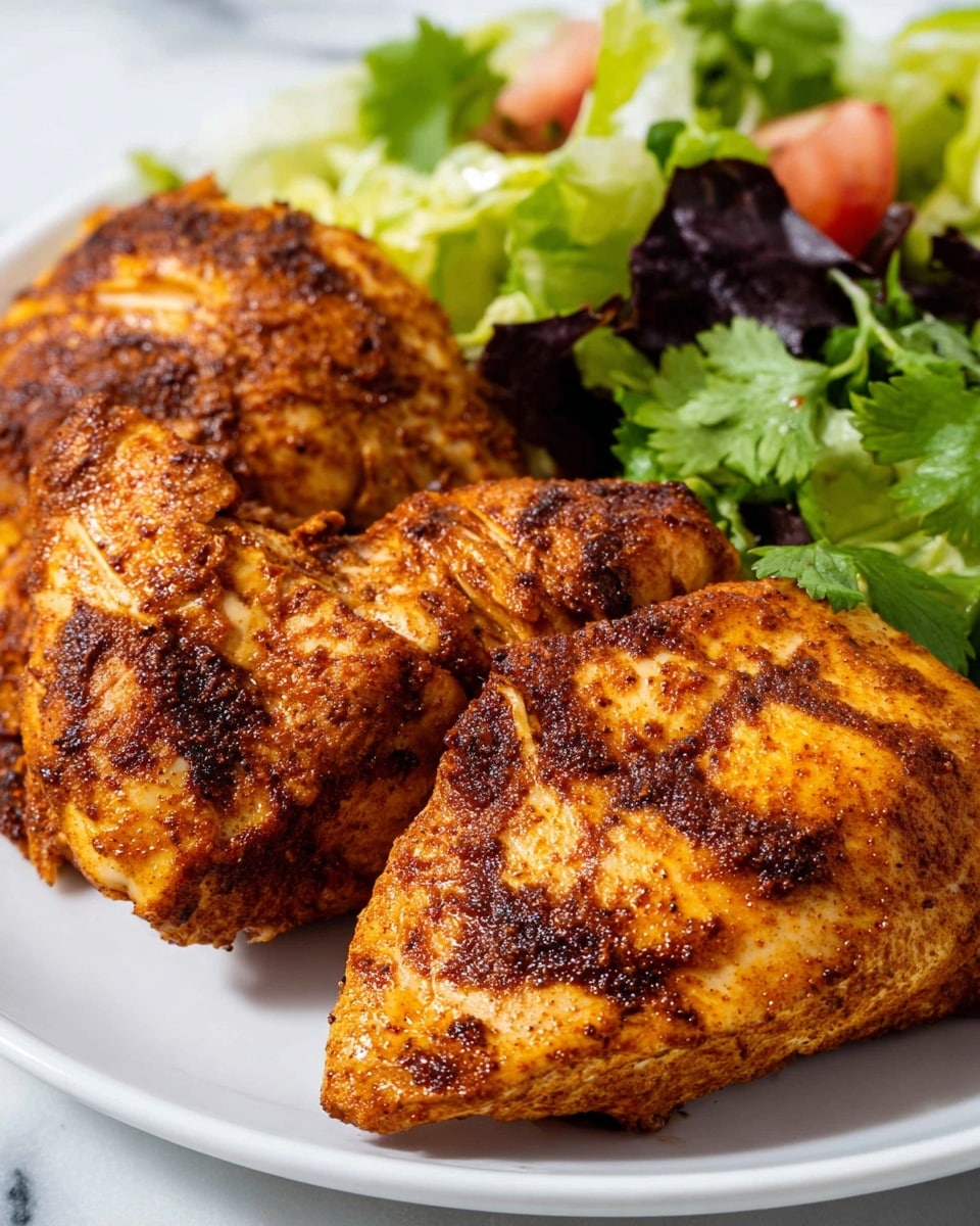 The image shows a white plate with three large pieces of grilled chicken placed close together in the center. The chicken is covered in a reddish-brown spice mix that gives it a slightly rough, textured look with visible grill marks and crisp edges. On the top right side of the plate, there is a fresh salad made of green lettuce, dark purple leafy pieces, small tomato chunks, and sprigs of cilantro, adding a mix of bright green, red, and purple colors. The plate sits on a white marbled surface, making the food colors stand out. photo taken with an iphone --ar 4:5 --v 7