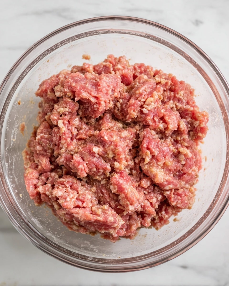 A clear glass bowl filled with a mixed raw ground meat mixture that is pinkish-red with light brown and beige specks, giving it a slightly coarse texture. The mixture fills most of the bowl and looks soft and slightly sticky. The bowl is placed on a white marbled surface. photo taken with an iphone --ar 4:5 --v 7