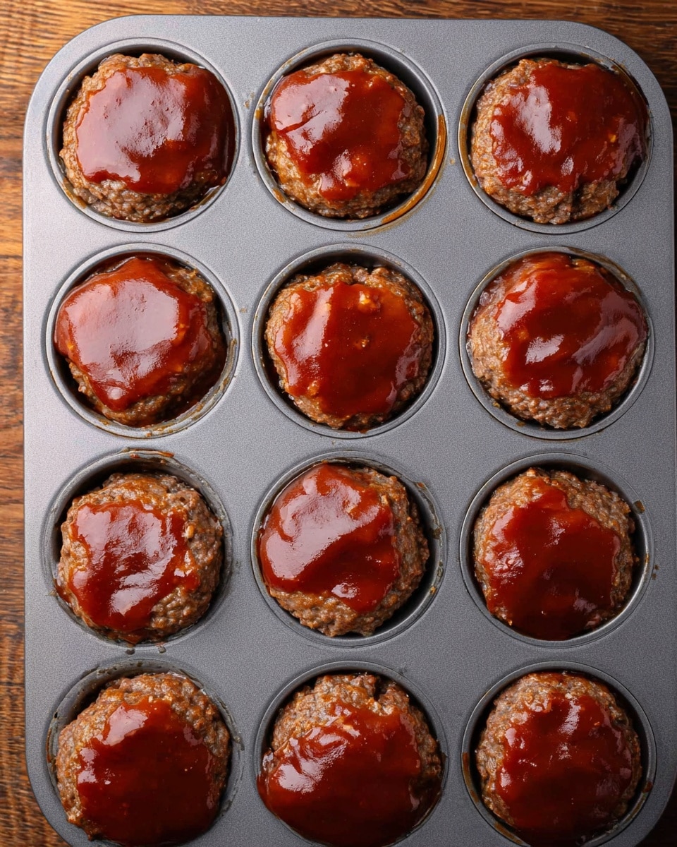 There is a grey muffin tray with nine round mini meatloaf cups arranged in it. Each mini meatloaf has two visible layers: a brown cooked meat layer on the bottom with a slightly coarse texture and a thick shiny reddish-brown sauce layer on top, smooth with some glossy spots. The tray is placed on a wooden surface, and the photo is taken from above showing a close-up view of the mini meatloaf cups. photo taken with an iphone --ar 4:5 --v 7