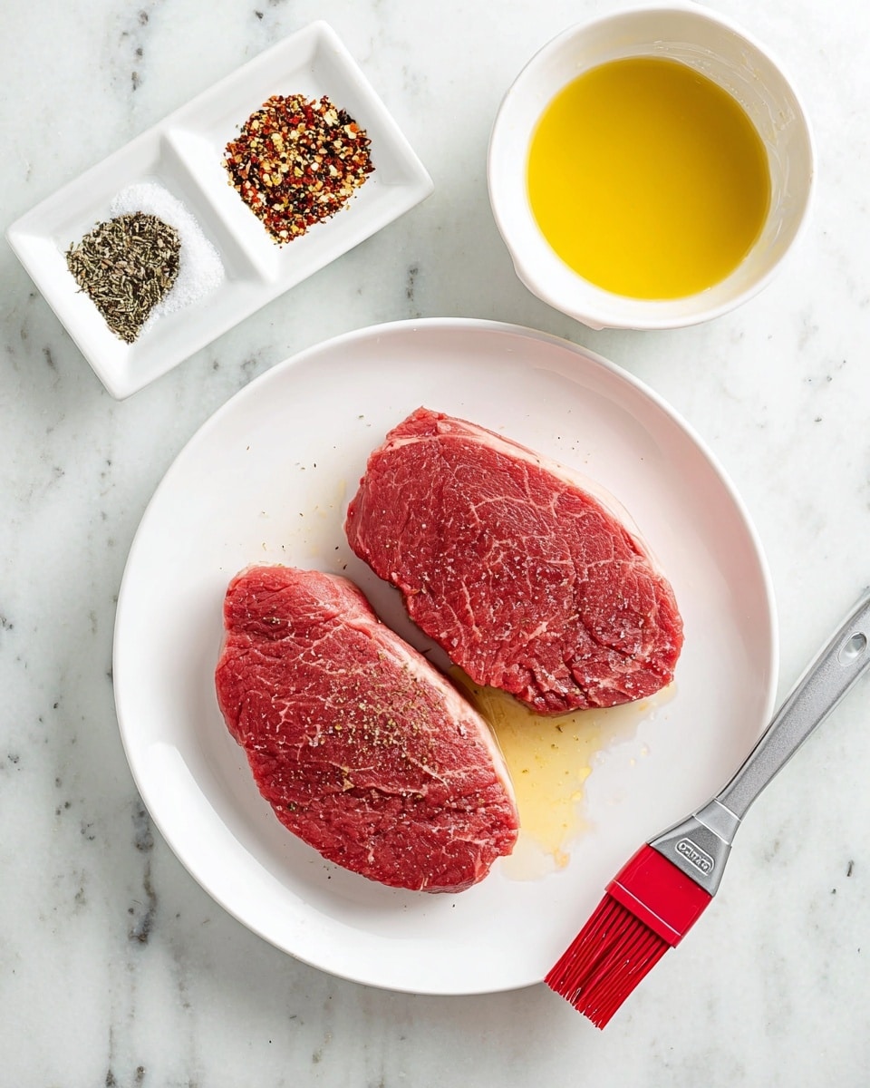Two raw, oval-shaped red steaks with a slightly marbled texture lay side by side on a white round plate, with a small amount of oil visible underneath. A red silicone basting brush with a metal handle rests on the plate beside the steaks. Above the plate, there is a white bowl with yellow oil inside, to its left two small white square dishes; one contains coarse black pepper and salt, the other a mix of crushed red pepper flakes and other spices. All items are placed on a white marbled surface. Photo taken with an iphone --ar 4:5 --v 7