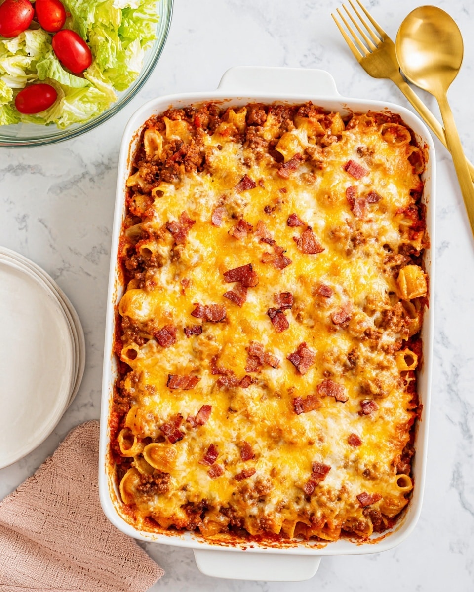 The image shows a white rectangular casserole dish filled with a baked pasta dish that has three main visible layers. The bottom layer is a red tomato sauce with small pasta shells partly visible through it. The middle layer includes a mix of browned ground meat and pasta, covered by melted yellow and white cheese that is bubbly and golden in spots. Small pieces of crispy cooked bacon are scattered evenly on top, adding a crunchy texture. The dish sits on a white marbled surface, with a gold serving spoon placed on the right side. In the top left corner, there is a clear glass bowl with bright green lettuce leaves and halved red cherry tomatoes, and on the top right, there is a white plate with two gold forks. Photo taken with an iphone --ar 4:5 --v 7
