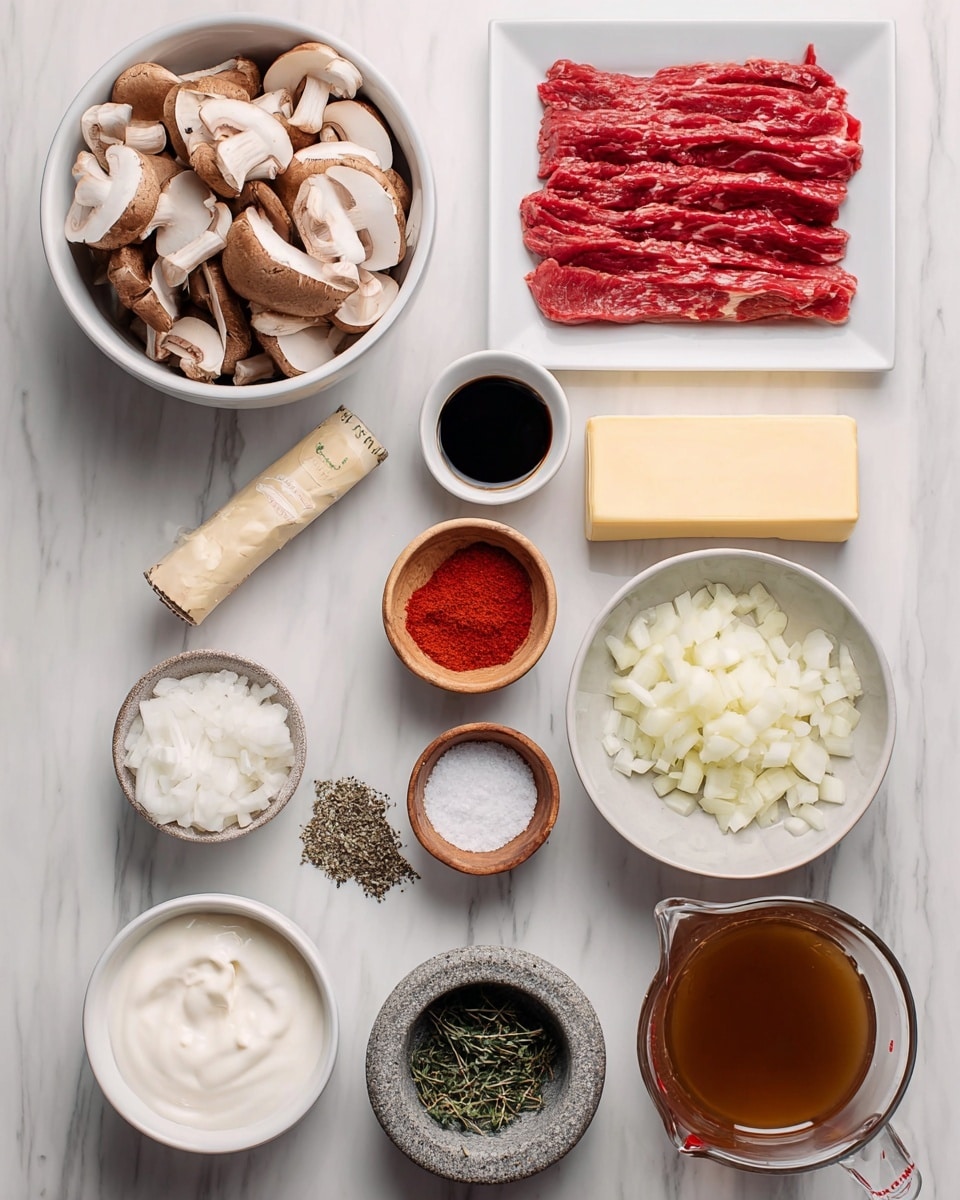 The image shows various ingredients neatly arranged on a white marbled surface. At the top left, a white bowl filled with sliced brown and white mushrooms. To its right is a white square plate with thin red strips of raw beef. Moving down, a stick of butter wrapped in paper sits near a small white cup with dark soy sauce inside. A white round dish holds red paprika powder next to a light brown bowl full of chopped white onions. Below, a small wooden bowl contains salt, and nearby two small stone bowls have black pepper and dried thyme. A white bowl with white sour cream sits at the bottom left, with a small white bowl of chopped garlic in front of it. On the bottom right, a glass measuring cup contains brown broth. Photo taken with an iphone --ar 4:5 --v 7
