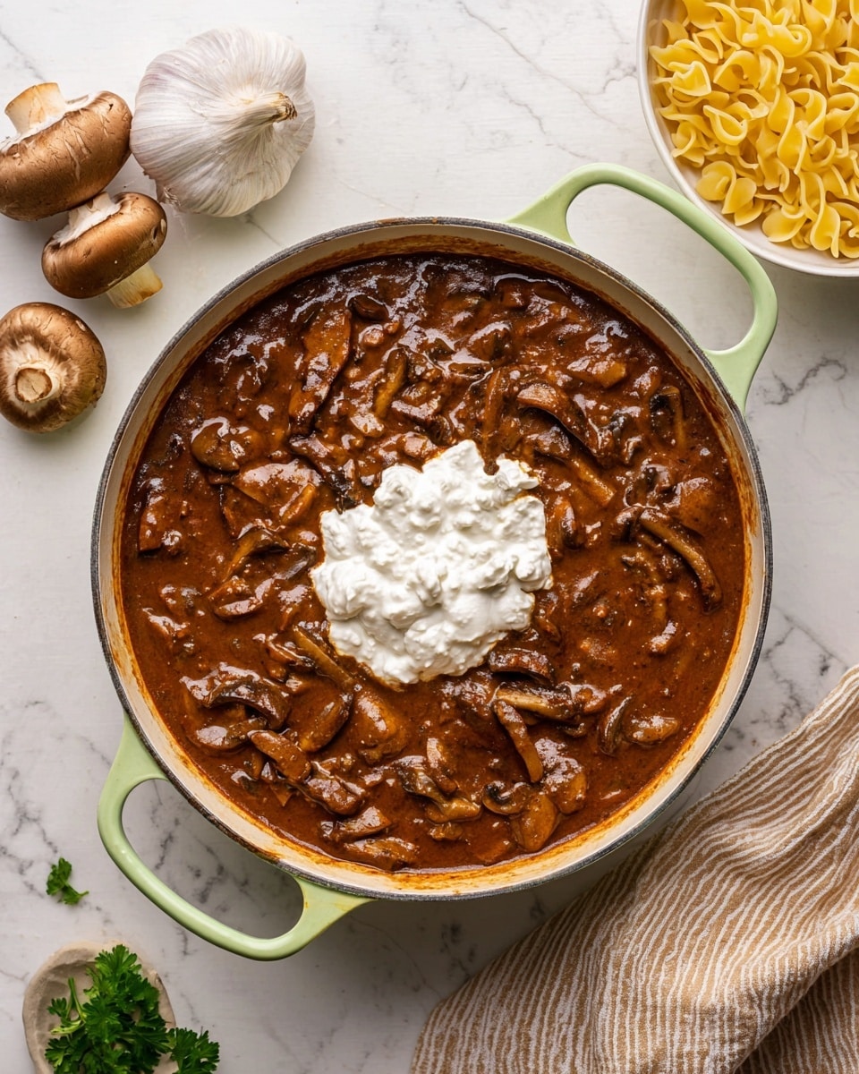 A round white pot with a pale green handle is filled with a thick brown stew that contains visible slices of mushrooms and strips of meat, covered in a shiny sauce. On top, in the center, there is a dollop of white sour cream. The pot sits on a white marbled surface, surrounded by whole mushrooms and a bulb of garlic on the upper left, a light brown striped cloth on the upper right, and a white bowl filled with uncooked yellow pasta noodles on the lower right. Photo taken with an iphone --ar 4:5 --v 7