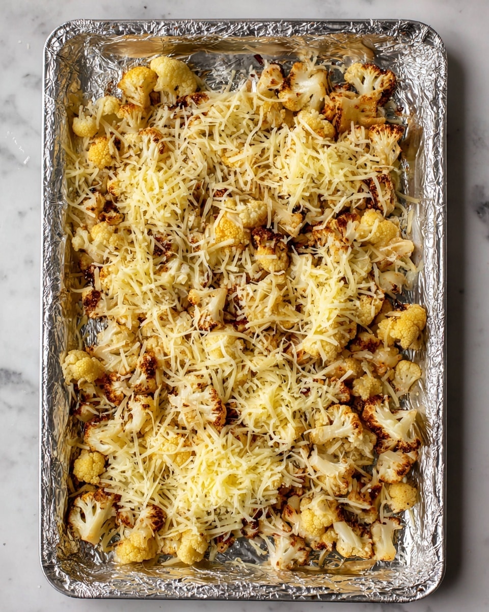 A baking tray lined with foil holds roasted cauliflower pieces spread out evenly. The cauliflower is golden brown with some darker roasted edges. On top, there is a generous layer of shredded pale yellow cheese scattered all over the cauliflower pieces. The tray is placed on a white marbled surface photo taken with an iphone --ar 4:5 --v 7