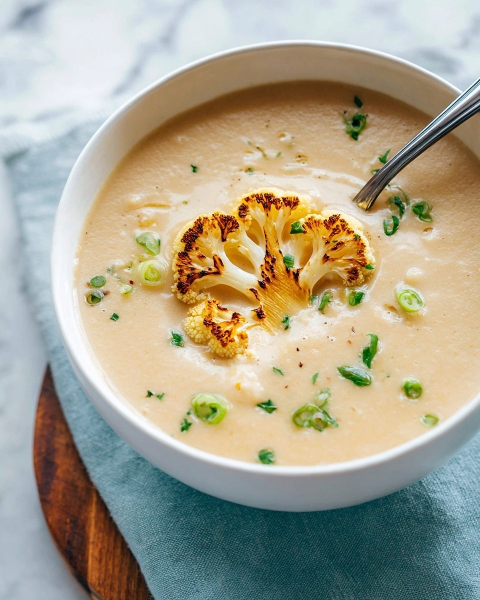 A smooth, creamy beige soup fills a white bowl, topped with a single roasted cauliflower floret that is golden brown with slightly charred edges in the center. Scattered across the soup are small green herb pieces and sliced green onions, adding bursts of green color. A metal spoon rests inside the bowl, partly submerged in the soup. The bowl is placed on a light blue cloth on top of a wooden surface, against a white marbled background. photo taken with an iphone --ar 4:5 --v 7