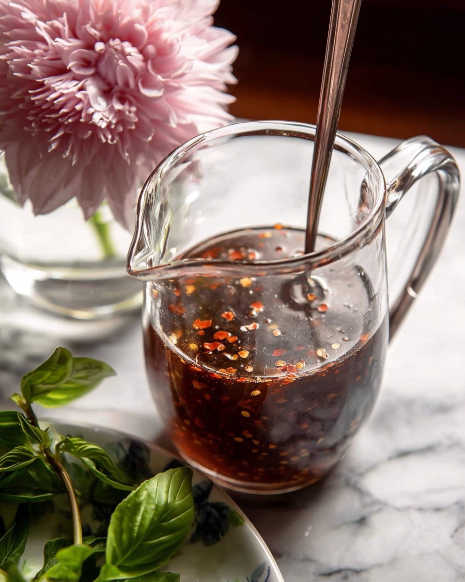 A clear glass pitcher filled halfway with a dark reddish-brown sauce that has small red chili flakes floating on top. A slender metal spoon stands upright inside the pitcher. The pitcher is placed on a white marbled surface, next to a soft pink round flower with many petals and a bunch of fresh green basil leaves on a white plate. The lighting highlights the sauce’s shiny surface and the reflections on the glass pitcher photo taken with an iphone --ar 4:5 --v 7