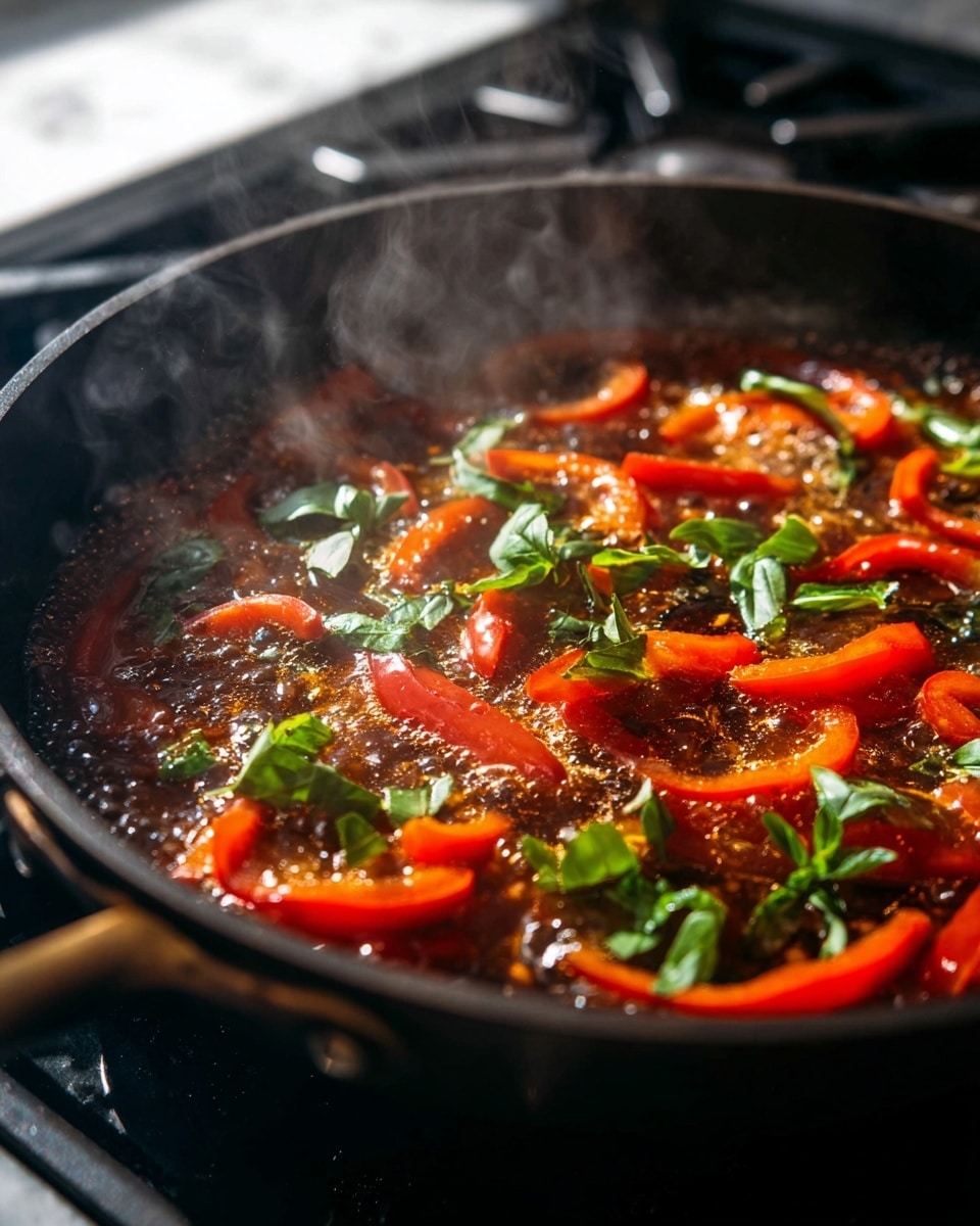 The image shows a black pan on a stove with red pepper slices and green basil leaves cooking in a bubbling brown sauce. The bright red pepper pieces are thick and shiny, spread out across the pan. Fresh green basil leaves are scattered on top, adding a fresh color contrast. Steam rises from the pan, suggesting the dish is hot and cooking. The pan's surface reflects the light, with soft shadows around the edges. The background is a white marbled texture photo taken with an iphone --ar 4:5 --v 7