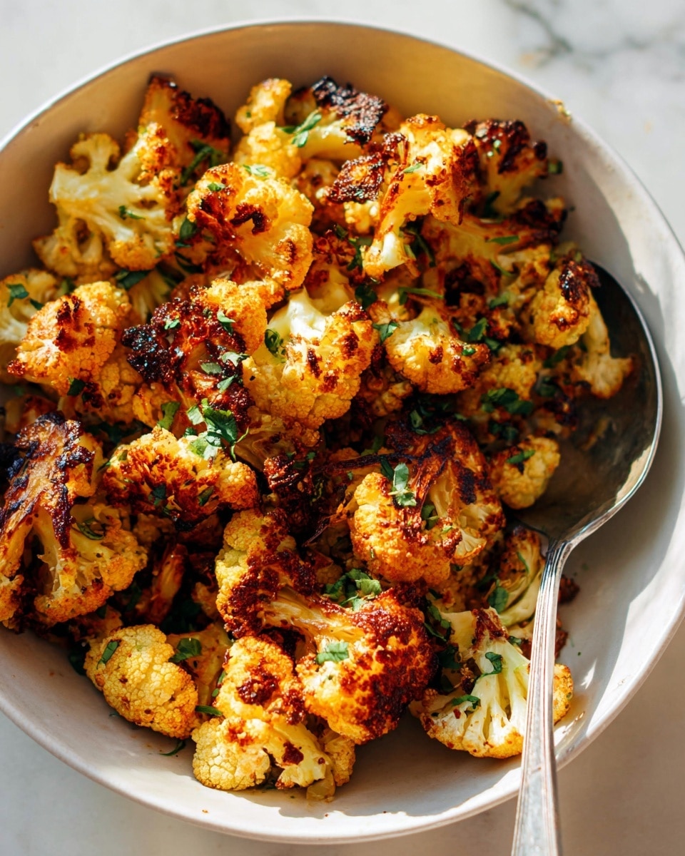 The image shows a close-up of a white bowl filled with roasted cauliflower florets. The cauliflower pieces are golden brown with some darker charred spots, giving a crispy and well-cooked texture. Small bits of chopped green herbs are sprinkled on top, adding a fresh color contrast. A silver spoon rests inside the bowl on the right side. The bowl sits on a white marbled surface with natural light highlighting the vibrant colors of the dish. photo taken with an iphone --ar 4:5 --v 7