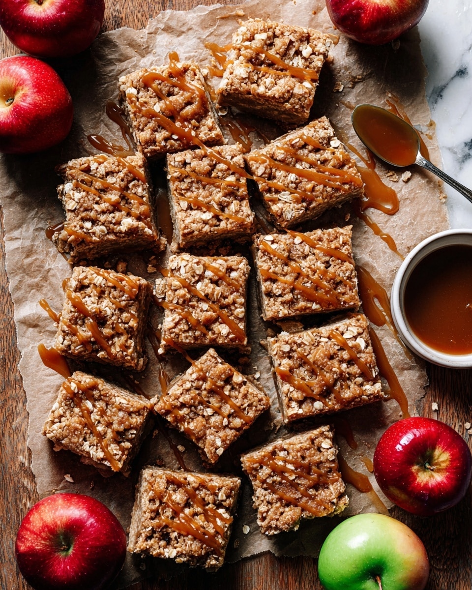 The image shows a lot of square apple crumble bars arranged closely on parchment paper over a wooden surface. Each bar has three layers: a crumbly brown oat crust on top and bottom and a middle layer of thin pale apple slices visible from the side. The top layer is sprinkled with oats and drizzled with shiny caramel sauce. Around the bars, there are several red and green apples, and a white bowl with caramel sauce along with a spoon on the right side. The surface has a white marbled texture behind the parchment. Photo taken with an iphone --ar 4:5 --v 7
