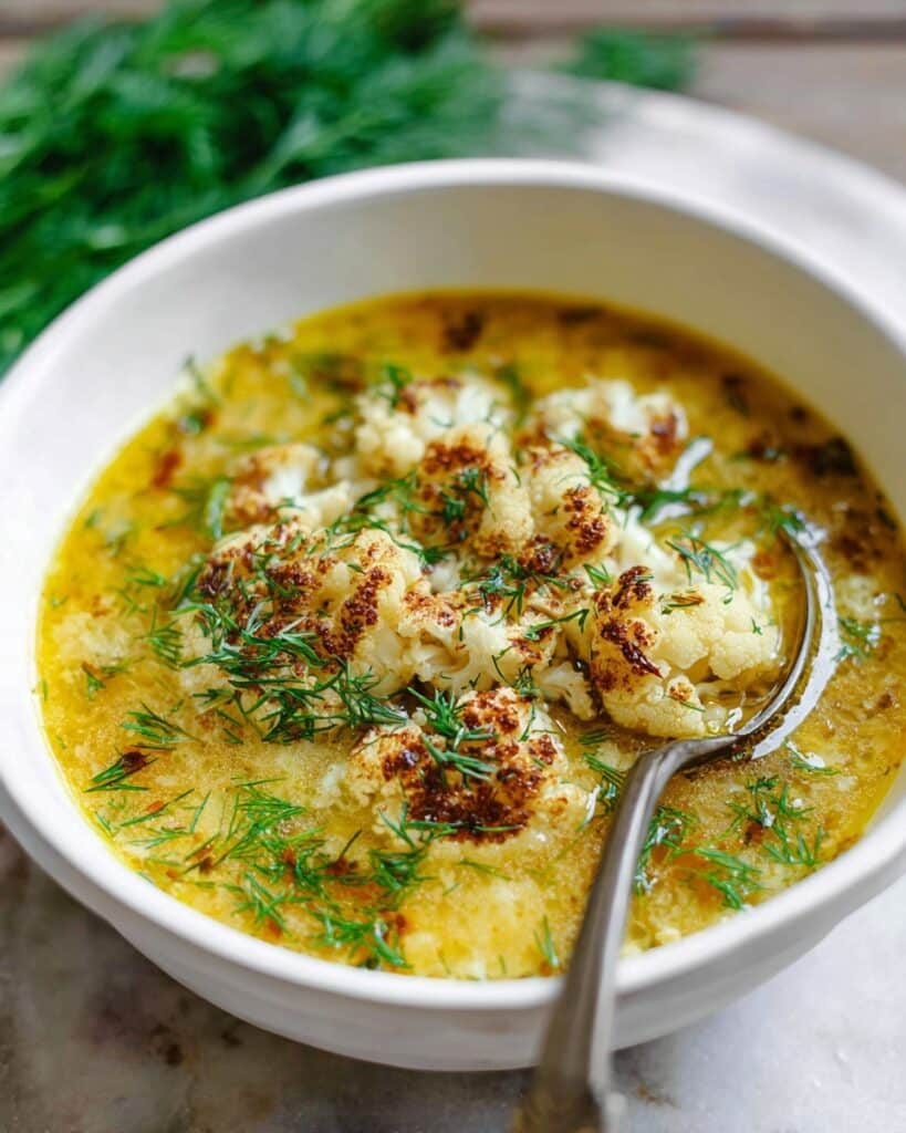 Roasted Cauliflower Soup with Spiced Broth and Fresh Dill Recipe