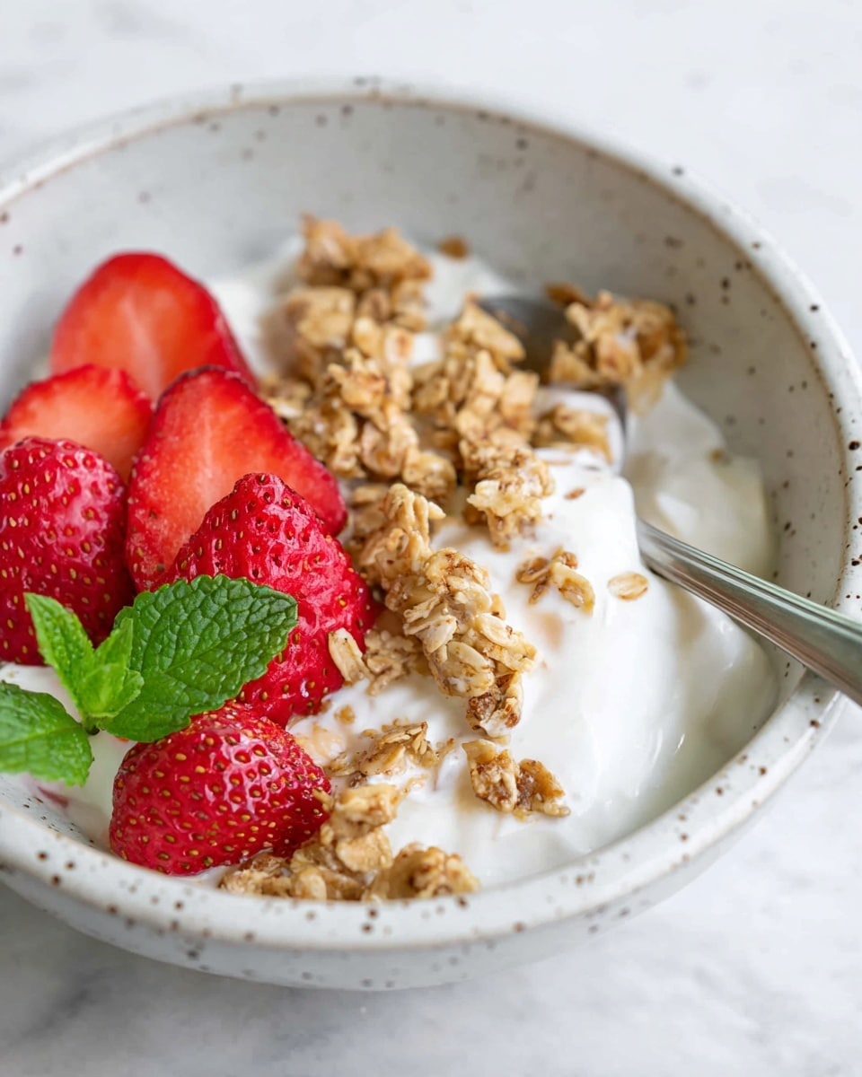 A close-up view of a white bowl with speckled brown dots filled with creamy white yogurt as the base layer. On top, there are crunchy light brown granola clusters scattered unevenly around the bowl. Bright red sliced strawberries are placed beside the granola, adding a fresh contrast. A small green mint leaf sits near the strawberries, adding a pop of color. A silver spoon rests inside the bowl, partly submerged in the yogurt and granola. The scene has a white marbled surface background. photo taken with an iphone --ar 4:5 --v 7