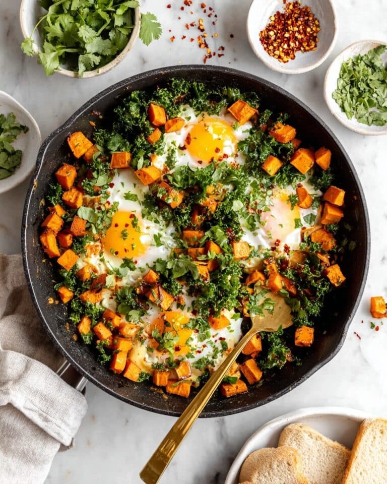 Skillet Sweet Potato Kale Hash with Eggs and Cilantro Recipe