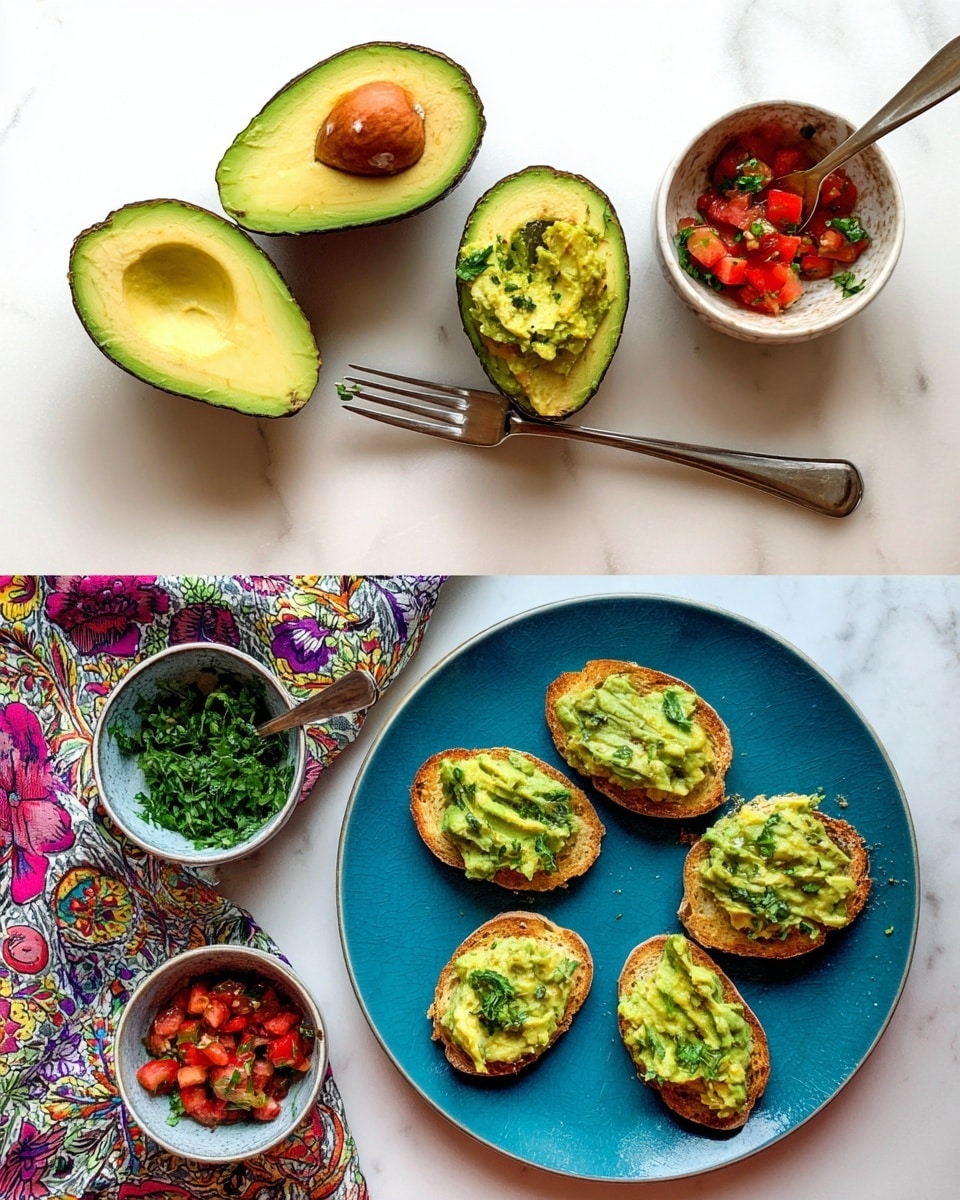 The image shows a white marbled surface with two halves of an avocado, one with the seed removed and the other with mashed avocado inside, alongside a fork resting on it. Below, there is a blue plate with six small pieces of toasted bread, each topped with a thick layer of mashed avocado, showing a creamy green texture. Surrounding the plate are three bowls: one with chopped green herbs, another with diced red tomatoes mixed with herbs and sauce, and a third with a small amount of mashed avocado and a fork inside. A colorful cloth with floral patterns is placed to the side. photo taken with an iphone --ar 4:5 --v 7