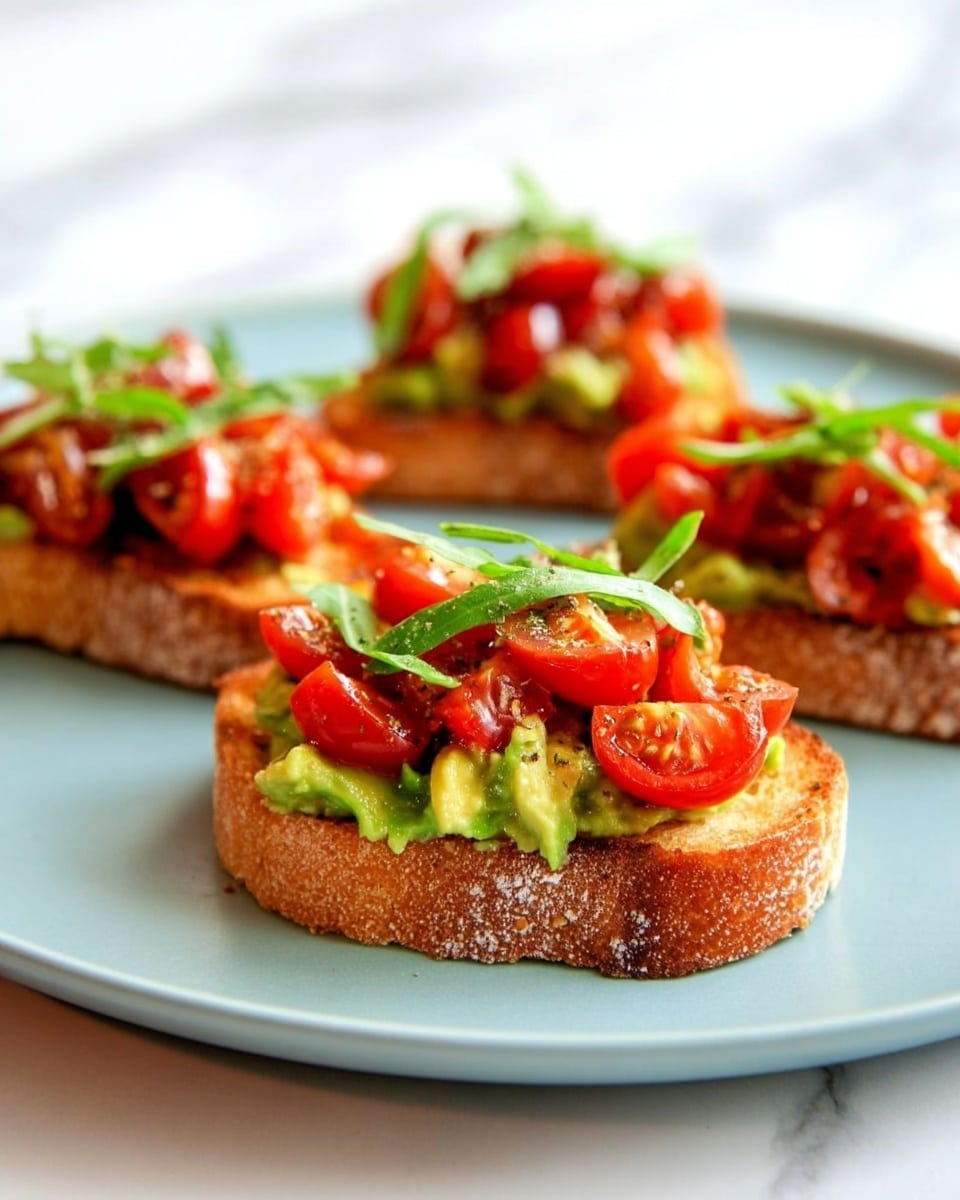 The image shows four pieces of toasted bread on a light blue plate, each topped with a layer of green avocado spread, followed by bright red diced tomatoes, and garnished with thin strips of fresh green basil leaves. The bread is golden brown and crusty, while the avocado spread looks creamy, and the tomatoes are juicy and glossy. The background features a white marbled texture. photo taken with an iphone --ar 4:5 --v 7