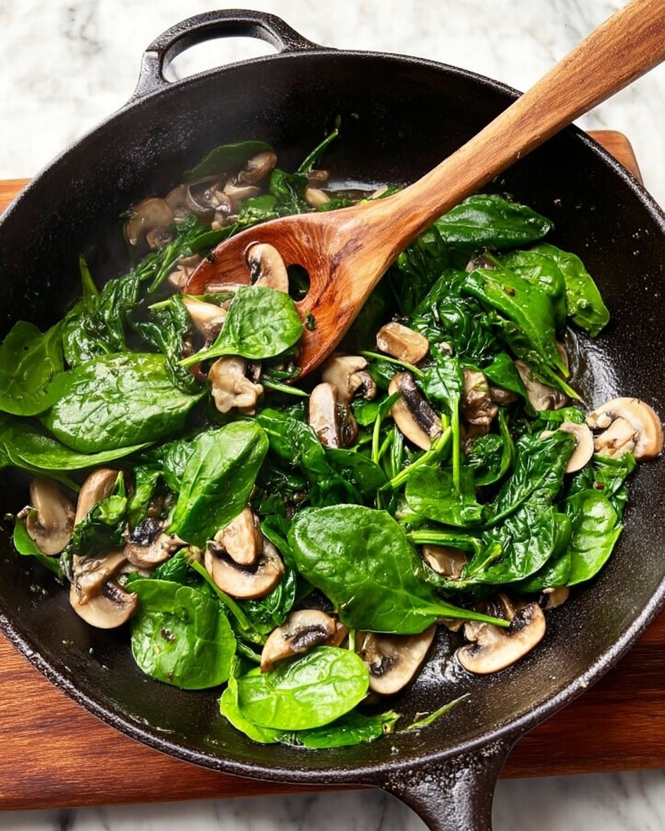 A black pan on a white marbled surface holds cooking spinach and sliced mushrooms. The mushrooms are light brown and white, scattered throughout the dark pan, with bright green spinach leaves layered on top. A wooden spoon with a round hole near the end rests inside the pan, partly covered by spinach. The pan's handles extend on each side, and the photo is taken from above, showing some steam rising from the cooked vegetables. photo taken with an iphone --ar 4:5 --v 7