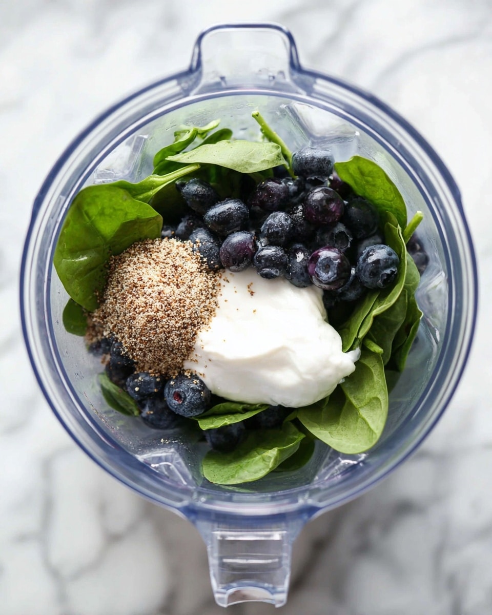 Inside a clear blender jar, several layers of ingredients are visible. The bottom layer holds fresh, bright green spinach leaves with a smooth texture. Scattered on top and around the spinach are deep blue-purple blueberries, some clustered together. Above these, a soft dollop of white creamy yogurt rests slightly off-center. Next to the yogurt, there is a small pile of light brown flaxseed meal with a fine, grainy texture. The blender is placed on a white marbled surface. photo taken with an iphone --ar 4:5 --v 7