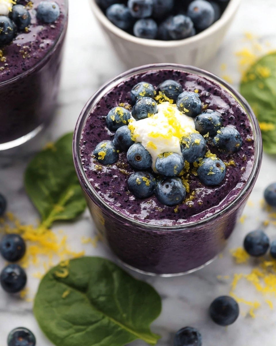 A clear glass cup holds a thick, purple smoothie filled with tiny black specks and topped with whole fresh blueberries scattered on the surface. A small dollop of white cream sits near the center with light yellow zest sprinkled over the top. Around the glass, fresh green spinach leaves, whole blueberries, and some shredded yellow zest are spread on a white marbled surface. Part of another smoothie glass and a white bowl filled with fresh blueberries are visible in the background. photo taken with an iphone --ar 4:5 --v 7