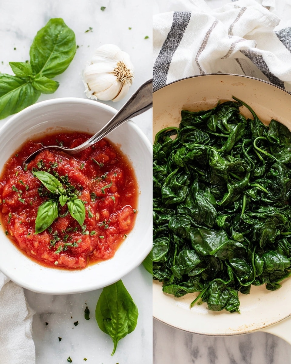 The image shows two parts side by side on a white marbled surface. On the left, there is a white bowl filled with chunky red tomato sauce that has herbs sprinkled around and fresh green basil leaves on top, with a silver spoon resting inside. Around the bowl, fresh basil leaves and a garlic bulb are visible, and a white cloth with thin black stripes is next to it. On the right, a white pan holds cooked dark green spinach leaves that look soft and wilted, spread out across the pan's surface. Photo taken with an iphone --ar 4:5 --v 7
