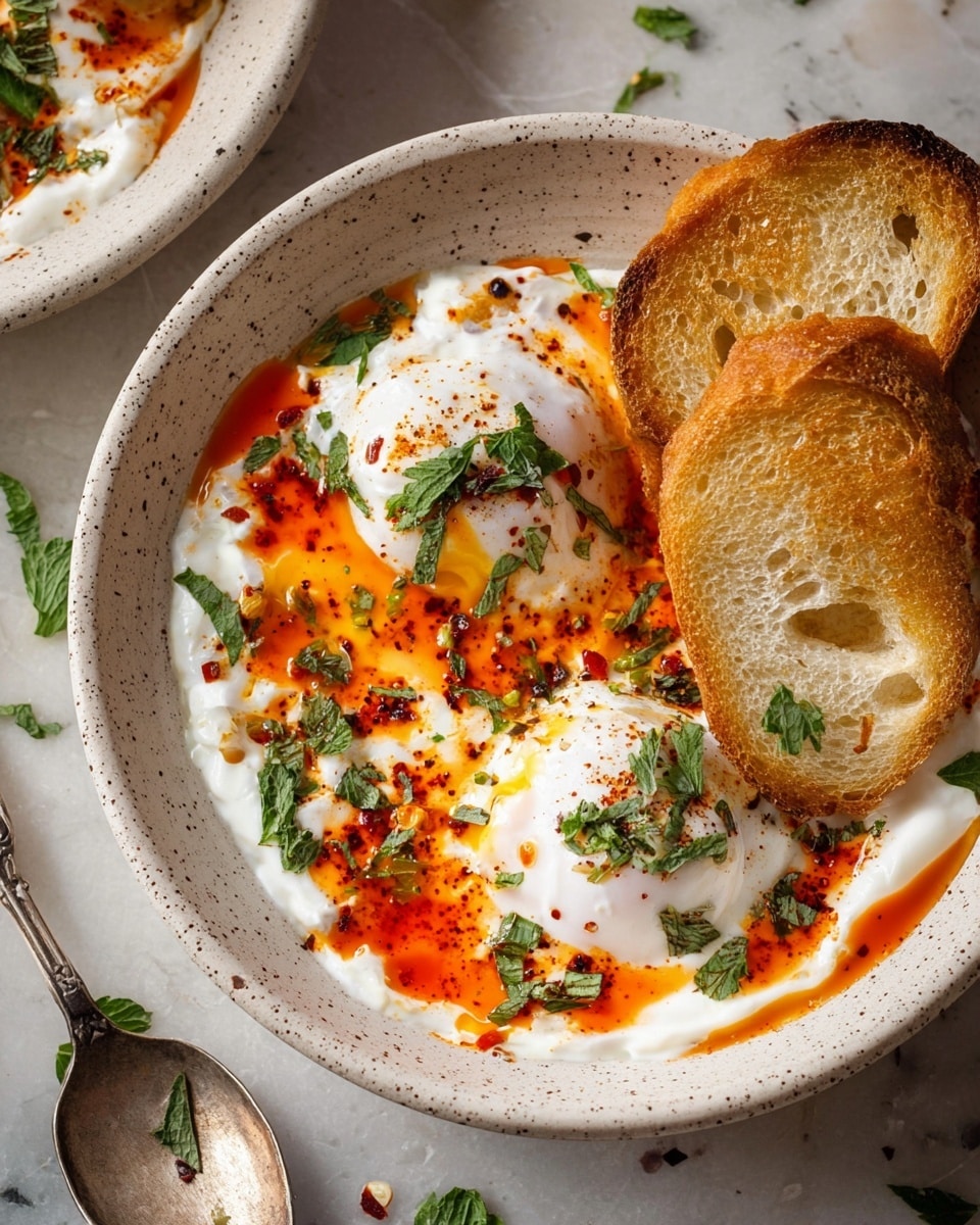The dish shows a white speckled bowl filled with a creamy white yogurt layer spread evenly at the bottom. On top, there are two soft white poached eggs with slightly wrinkled texture, drenched in bright red-orange chili oil drizzled unevenly across the eggs and yogurt. Fresh chopped green herbs are scattered over everything, adding a pop of color. On the right side of the bowl, there are three golden-brown toasted bread slices standing upright, showing their airy, crispy texture. The bowl is placed on a white marbled surface with a vintage silver spoon nearby and small green herb leaves scattered around. photo taken with an iphone --ar 4:5 --v 7