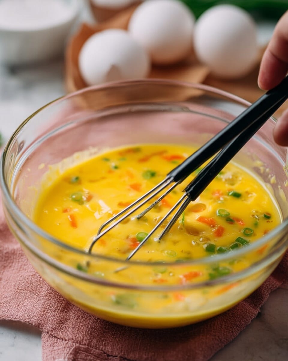 A clear glass bowl filled with a bright yellow mixture of beaten eggs stirred with small pieces of green onion and orange carrot bits, being whisked by a pair of black chopsticks held by a woman's hand; in the blurred background, white eggshells sit on a white marbled surface underneath the bowl which rests on a textured pink cloth photo taken with an iphone --ar 4:5 --v 7