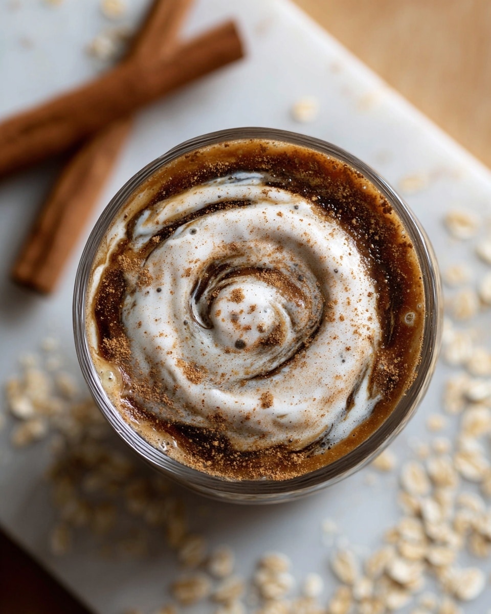 The image shows a close-up top view of a clear glass filled with a dark brown drink that has a thick swirl of white cream mixed with cinnamon powder on the surface. The drink is topped evenly with the cream that creates a spiral pattern blending with the cinnamon in the middle. The glass sits on a white marbled texture with a few scattered oat grains near the base, and two cinnamon sticks are blurred in the background. Photo taken with an iphone --ar 4:5 --v 7