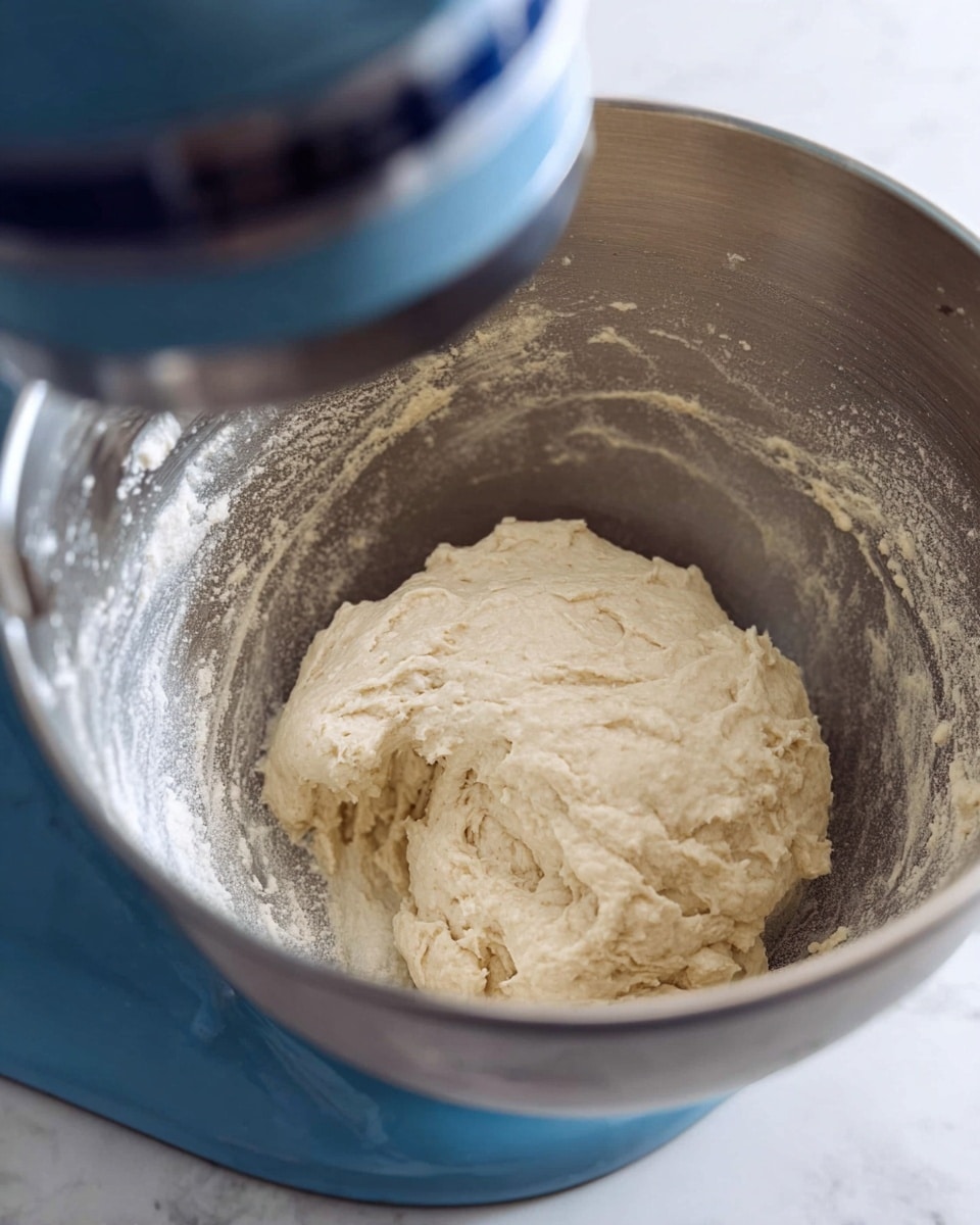The image shows a large silver metal mixing bowl attached to a blue stand mixer sitting on a white marbled surface. Inside the bowl, there is a single thick layer of pale beige dough with a slightly rough and sticky texture. The dough sits in the center, with some residue clinging to the sides of the bowl, showing signs of mixing. The background is softly out of focus, keeping the attention on the dough and the mixing bowl. photo taken with an iphone --ar 4:5 --v 7