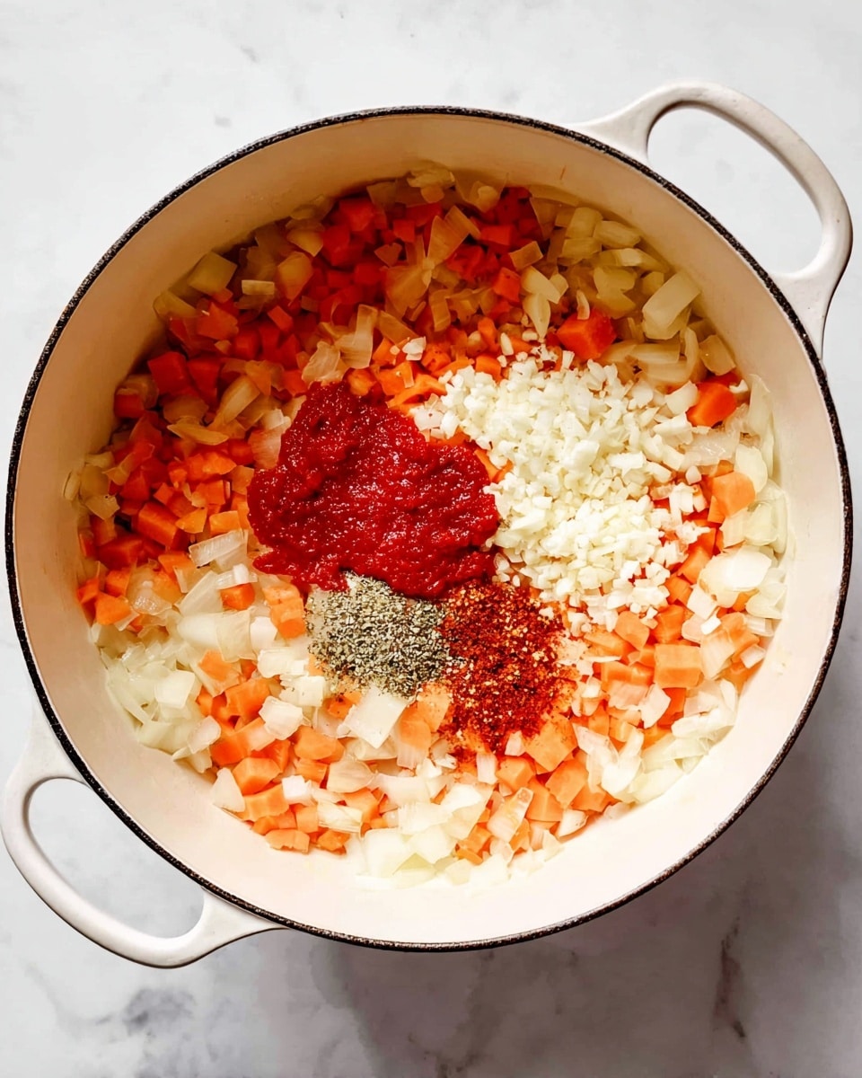 A white round pot filled with diced onions and carrots as the bottom layer, soft and light orange and white in color, evenly spread out inside. On top, there are three small piles: bright red tomato paste in the center, finely chopped white garlic to the right, and crushed red pepper flakes to the left. The pot sits on a white marbled surface. photo taken with an iphone --ar 4:5 --v 7