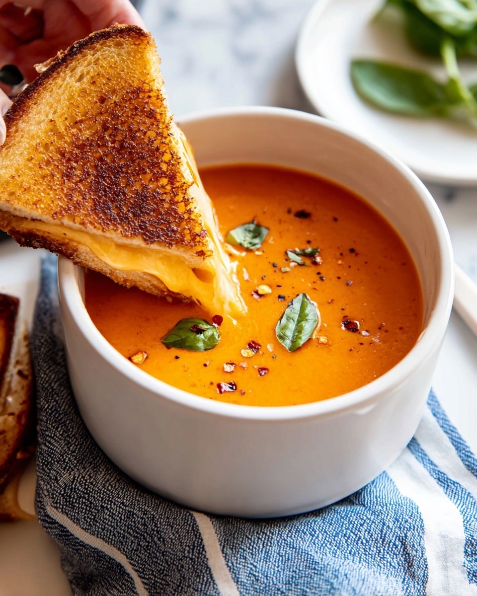 A white soup bowl filled with smooth orange tomato soup, topped with scattered green basil leaves and small black pepper and red chili flakes, sits on a white marbled surface with a blue and white striped cloth underneath. A toasted sandwich, golden brown with visible crispy texture, is being dipped into the soup by a woman's hand holding its corner, showing melted orange cheese stretching into the soup. In the background, part of a white plate is visible with some green leafy garnish. photo taken with an iphone --ar 4:5 --v 7
