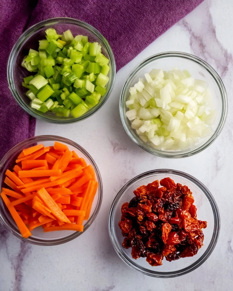 The image shows four clear glass bowls placed on a white marbled surface with a purple cloth in the background. Each bowl contains a different ingredient: the top left bowl has chopped green celery pieces, the top right bowl contains thin orange carrot sticks, the bottom left bowl holds chopped white onions, and the bottom right bowl is filled with small pieces of sun-dried tomatoes that are dark red and slightly wrinkled. photo taken with an iphone --ar 4:5 --v 7