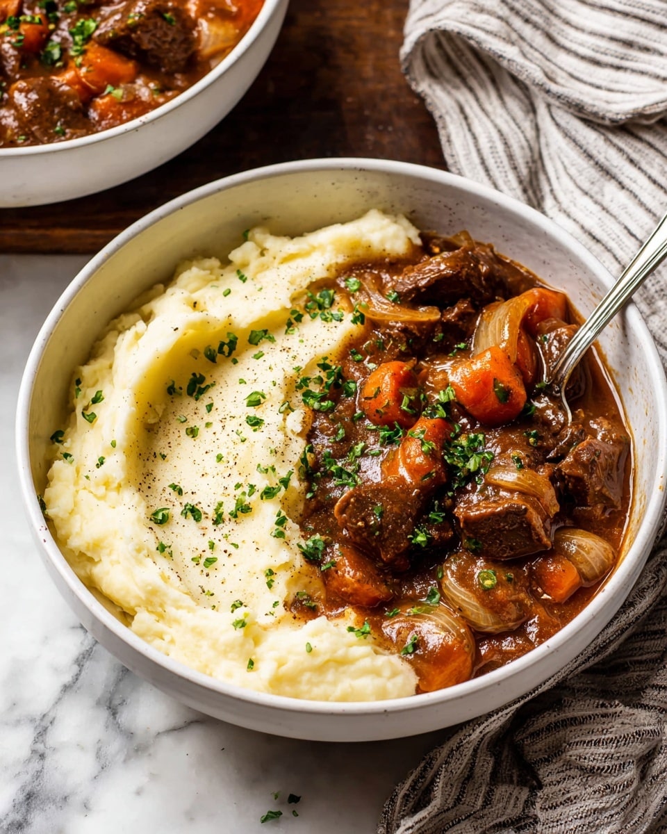 A white bowl filled with two main layers: the bottom half is creamy mashed potatoes with a smooth, slightly whipped texture and a light sprinkle of black pepper; the top half holds a thick, rich brown stew with chunks of tender meat, orange carrot slices, and small onions, all coated in a glossy sauce, garnished with chopped green herbs scattered evenly on top. A spoon is partially dipped into the mashed potatoes, resting in the bowl. The bowl sits on a white marbled surface with a striped cloth underneath and part of a second similar bowl visible in the background. Photo taken with an iphone --ar 4:5 --v 7
