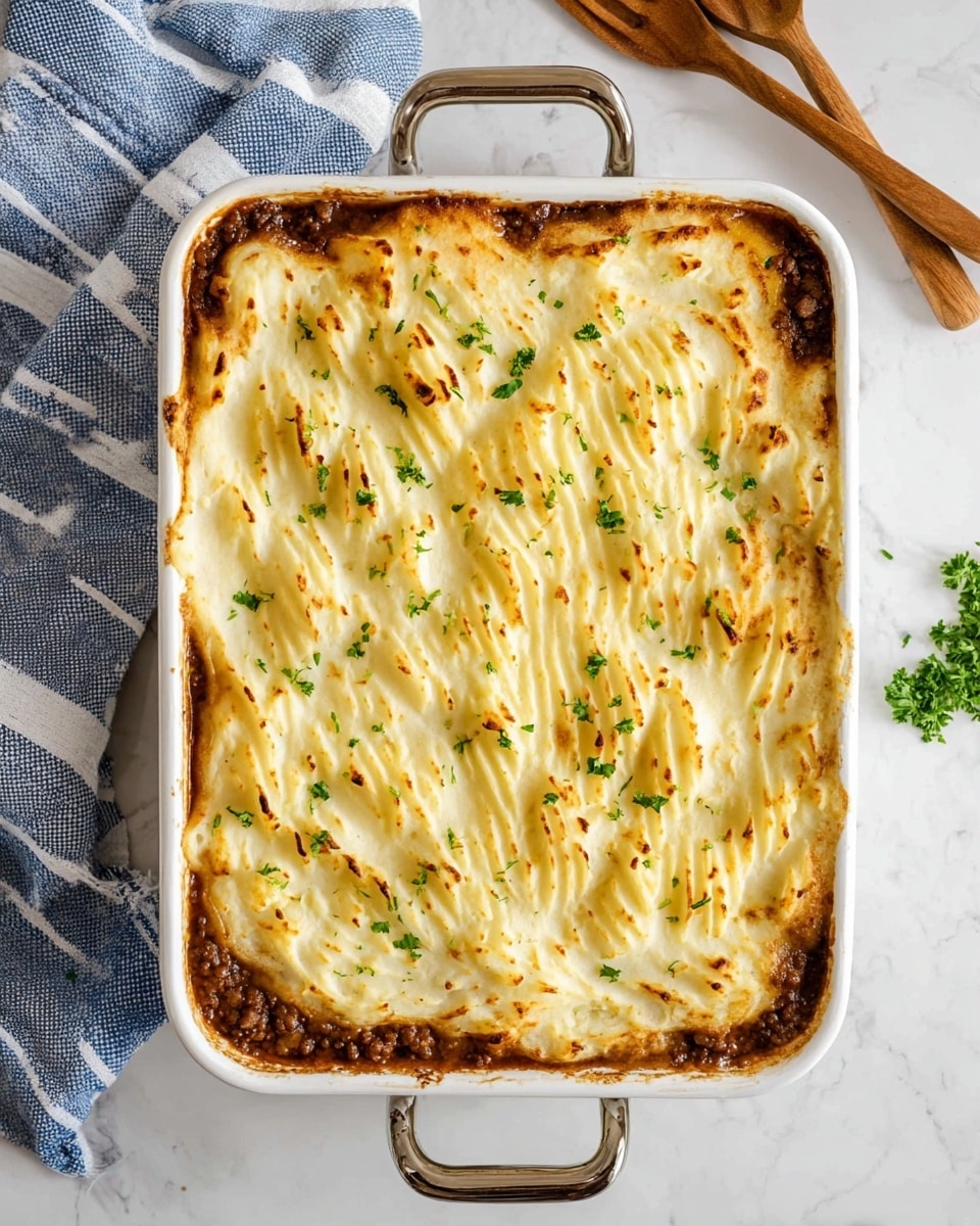 A square white baking dish with metal handles holds a layered shepherd's pie topped with a thick, textured layer of golden-brown mashed potatoes that have ridges and slight browning spots. The top layer is sprinkled lightly with small green parsley pieces. Brown meat sauce peeks out slightly in two corners beneath the mashed potato layer. The dish is placed on a white marbled surface with a blue-striped cloth partially visible on one side and a wooden fork in the top right corner photo taken with an iphone --ar 4:5 --v 7