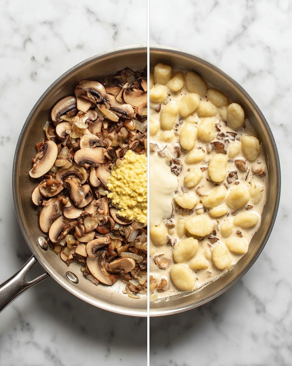 Two side-by-side images show a cooking pan on a white marbled surface. The left pan contains a layer of sliced brown mushrooms cooked with small pieces of onions, topped with a dollop of yellow mustard-like sauce in the center. The right pan shows the same mushroom and onion base, now covered with a creamy white sauce and topped with uncooked pale yellow gnocchi, scattered across the middle. The pan's handle extends toward the bottom left corner in both images. photo taken with an iphone --ar 4:5 --v 7