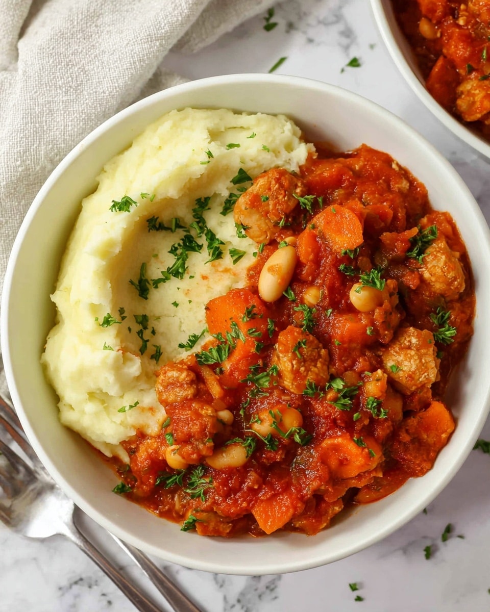 The image shows a white bowl filled with two main layers: one side has creamy mashed potatoes that are smooth and light beige in color, while the other side contains a thick red tomato-based stew with chunks of orange carrots, white beans, and brown pieces of textured protein. The stew is garnished with small green parsley leaves scattered on top, adding a touch of freshness and color contrast. The bowl sits on a white marbled surface with a silver fork placed next to it, and a light-colored cloth is partly visible in the background. Photo taken with an iphone --ar 4:5 --v 7