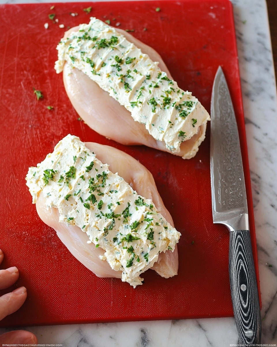 The image shows two raw chicken pieces laid flat on a red cutting board with a white marbled surface underneath. Each chicken piece has a thick layer of creamy white cheese filling spread lengthwise down the middle, speckled with small green parsley bits. To the right, there is a patterned knife with a black handle resting on the cutting board. A woman's hand is visible at the bottom left corner, holding the cutting board. The overall lighting is bright and natural, showing clear textures of the chicken and creamy filling. photo taken with an iphone --ar 4:5 --v 7