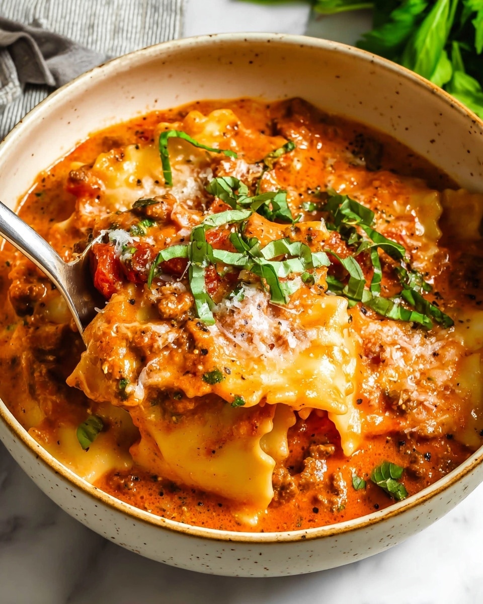 The image shows a bowl filled with a creamy, rich orange-red lasagna soup. The dish has several layers visible: at the top, flat, wide pasta sheets in a light yellow color are coated with thick, creamy tomato sauce mixed with small bits of browned meat and melted cheese. The sauce has a smooth texture with small specks of herbs and black pepper. Fresh, bright green shredded basil leaves are sprinkled on top, adding contrast. A silver spoon is scooping into the bowl on the right side, stirring the layers of pasta and sauce together. The bowl is a speckled beige color, placed on a white marbled surface with some leafy greens blurred in the background. photo taken with an iphone --ar 4:5 --v 7
