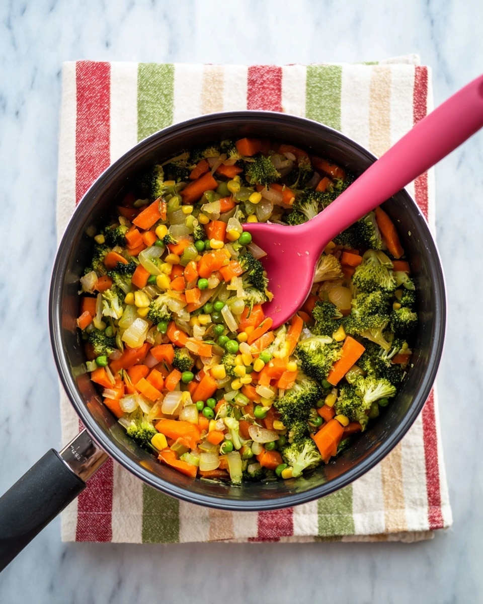 The image shows a black pot filled with cooked mixed vegetables including bright orange carrots, green broccoli florets, green peas, pale white onions, and some yellow corn. There is a pink spatula resting inside the pot, partly covered with the vegetables. The pot is placed on a white cloth with stripes in red, green, and beige on a white marbled surface. The vegetables mix is colorful and looks soft but still holds their shape well photo taken with an iphone --ar 4:5 --v 7
