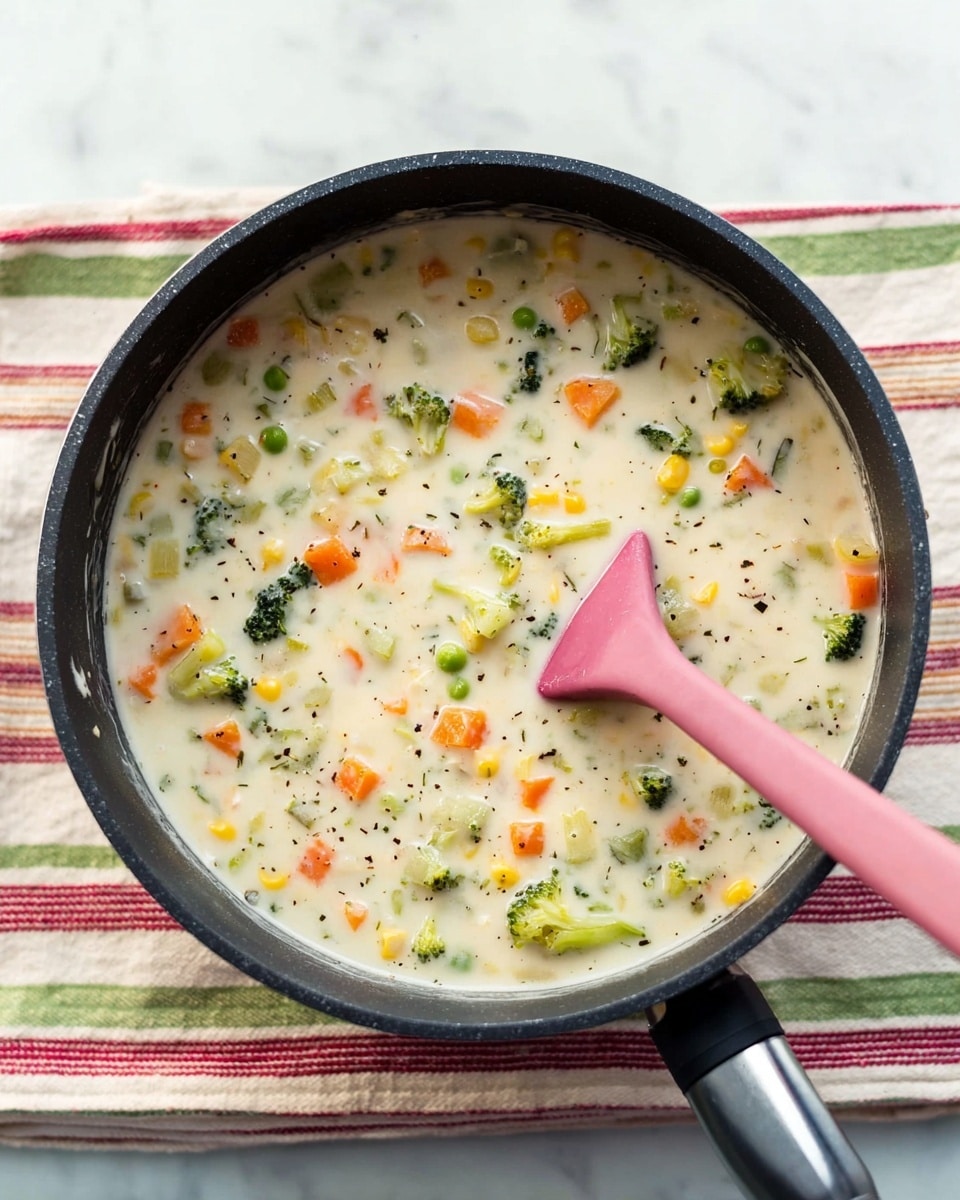 A black cooking pot filled with a creamy white soup containing colorful vegetable pieces like small orange carrot cubes, green peas, broccoli florets, and yellow corn kernels, all mixed evenly in the thick broth with specks of black pepper. A pink spatula with a smooth handle rests inside the pot, partially submerged in the soup. The pot is placed on a white marbled surface over a cloth with red, white, and green stripes. The light in the photo is soft and natural, highlighting the textures and colors vividly. Photo taken with an iphone --ar 4:5 --v 7