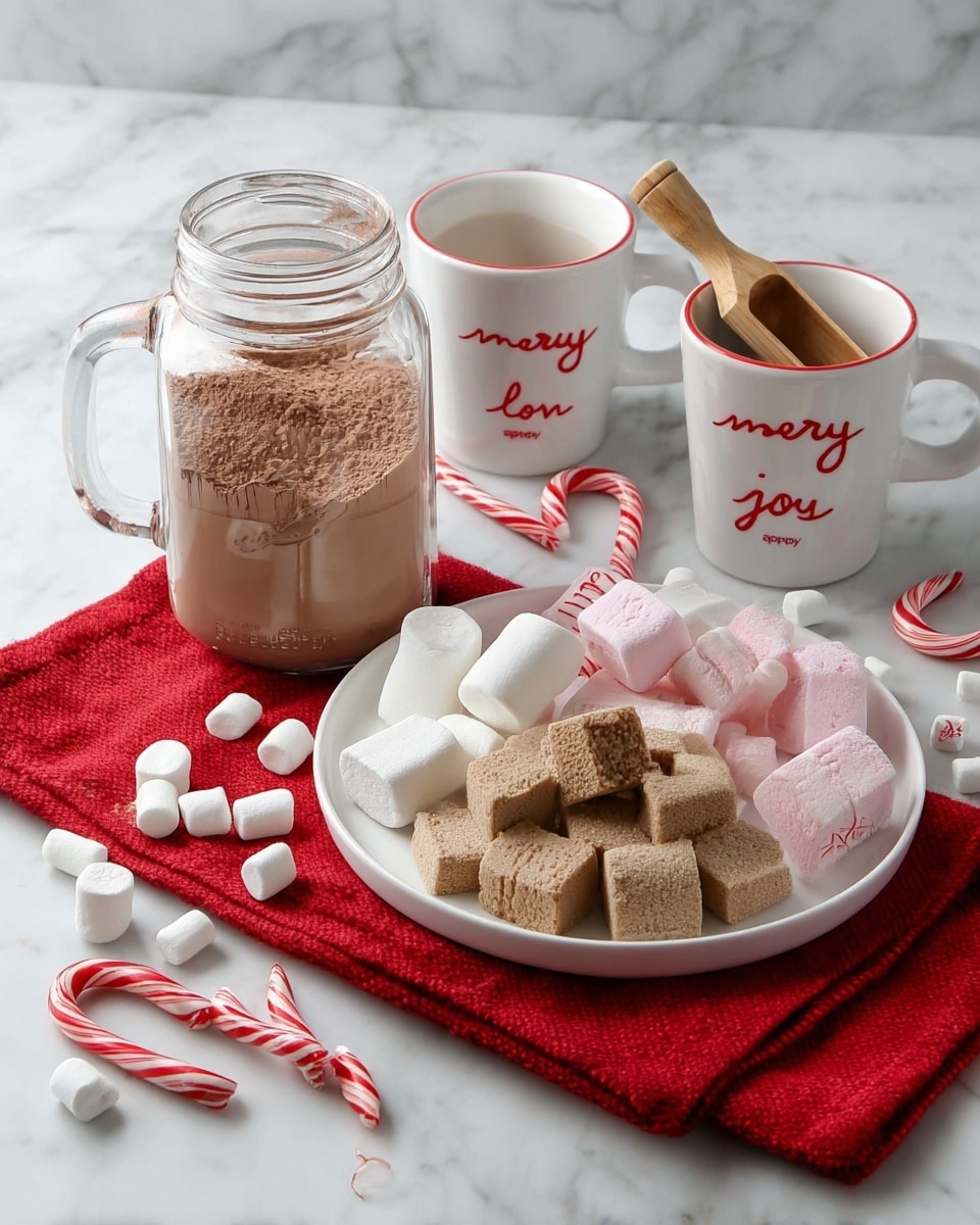 The image shows a clear glass jar filled with light brown cocoa powder, with a small wooden scoop inside. Next to the jar, there is a white plate holding three types of marshmallows: white, pink, and brown sugar cubes, arranged in small piles. Small white mini marshmallows and red-and-white striped candy canes and peppermints are scattered over the plate and around the table. The plate rests on a folded red cloth on a white marbled surface. Around the plate, there are three white mugs with red insides, each with different festive words written in red on the outside: