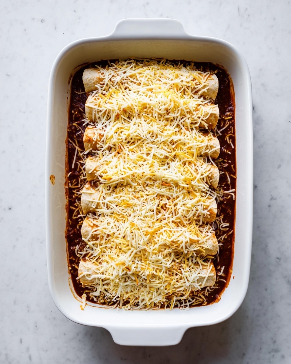 A white baking dish on a white marbled surface holds a layered dish with three main layers visible from the top view: the bottom layer is a dark reddish sauce that fills the base, above it are rectangular light brown rolled tortillas arranged side by side, and the top is generously covered with shredded cheese in a mix of white and yellow colors spread evenly, creating a textured look. The edges of the dish show some sauce pooling around the tortillas. Photo taken with an iphone --ar 4:5 --v 7