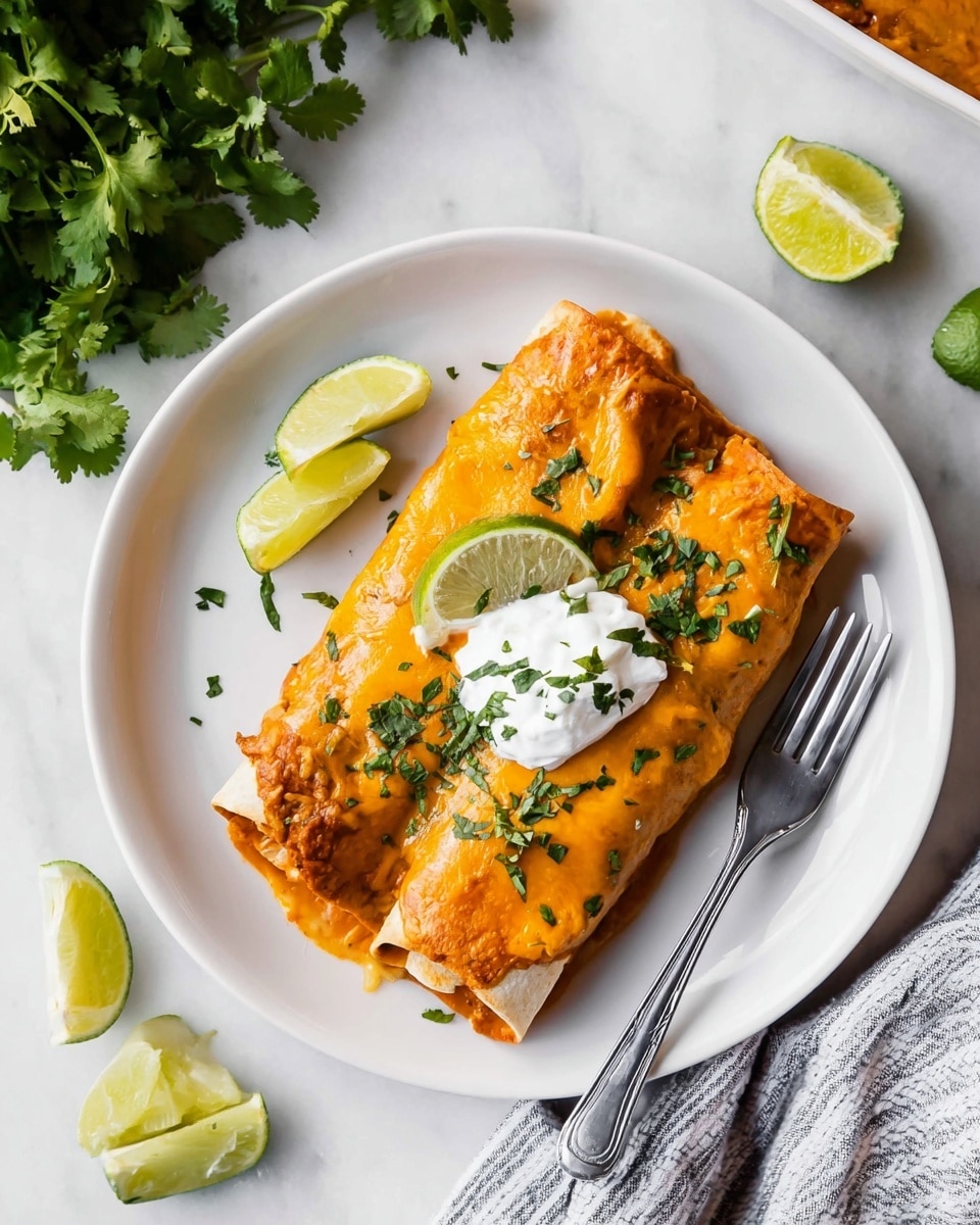 A white plate holds two rolled enchiladas stacked side by side, covered in an orange sauce with melted cheese, and sprinkled with chopped green herbs. On top of the enchiladas, there is a dollop of white sour cream and a thin slice of lime. A silver fork rests on the right side of the plate. Around the plate, a few lime wedges and fresh green cilantro leaves are scattered on a white marbled surface, with a bunch of cilantro visible at the top left corner. A striped cloth is placed at the bottom right corner. photo taken with an iphone --ar 4:5 --v 7
