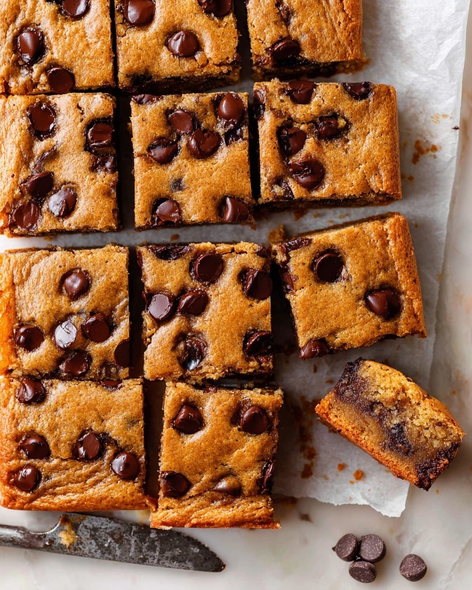 The image shows a batch of nine square blondies on white parchment paper over a white marbled surface. Each blondie is thick with a golden brown color and has many dark chocolate chips spread evenly on the top layer, some melting slightly. The texture looks soft and dense with slight cracks on the surface. A single blondie is pulled slightly away from the rest, showing the middle section's moist and tender texture. To the left, there is a knife with some melted chocolate residue, and a few loose chocolate chips scattered around the parchment paper. photo taken with an iphone --ar 4:5 --v 7