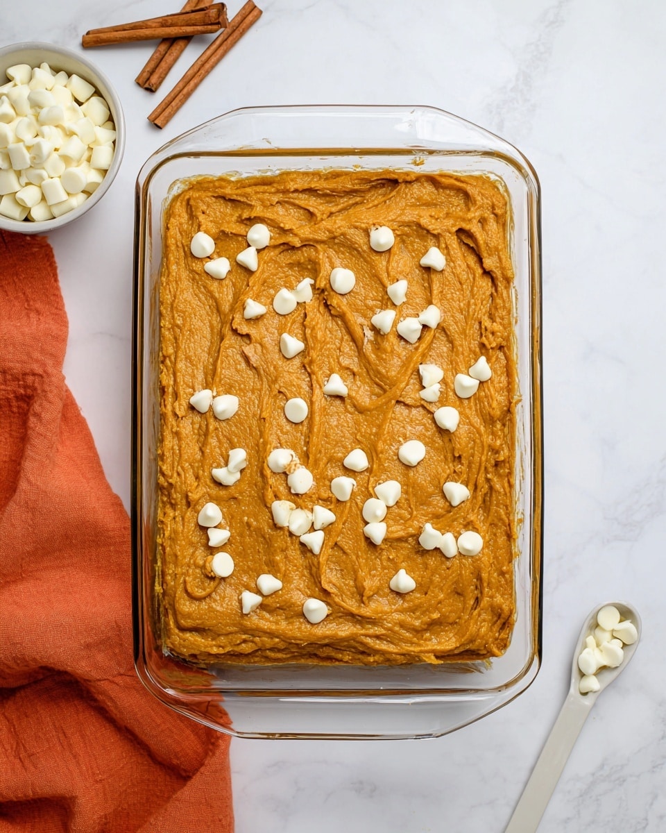 The image shows a clear rectangular glass baking dish with a single thick layer of orange-brown pumpkin batter mixed with white chips spread unevenly across the top. The batter has a slightly rough texture with swirls and peaks. The dish is placed on a white marbled surface. Next to the dish, there is a small white bowl filled with white chips on the upper left, an orange cloth in the background, two cinnamon sticks on the bottom left, and a white measuring spoon on the top right. The overall scene is bright and clean, giving a cozy baking feel. photo taken with an iphone --ar 4:5 --v 7
