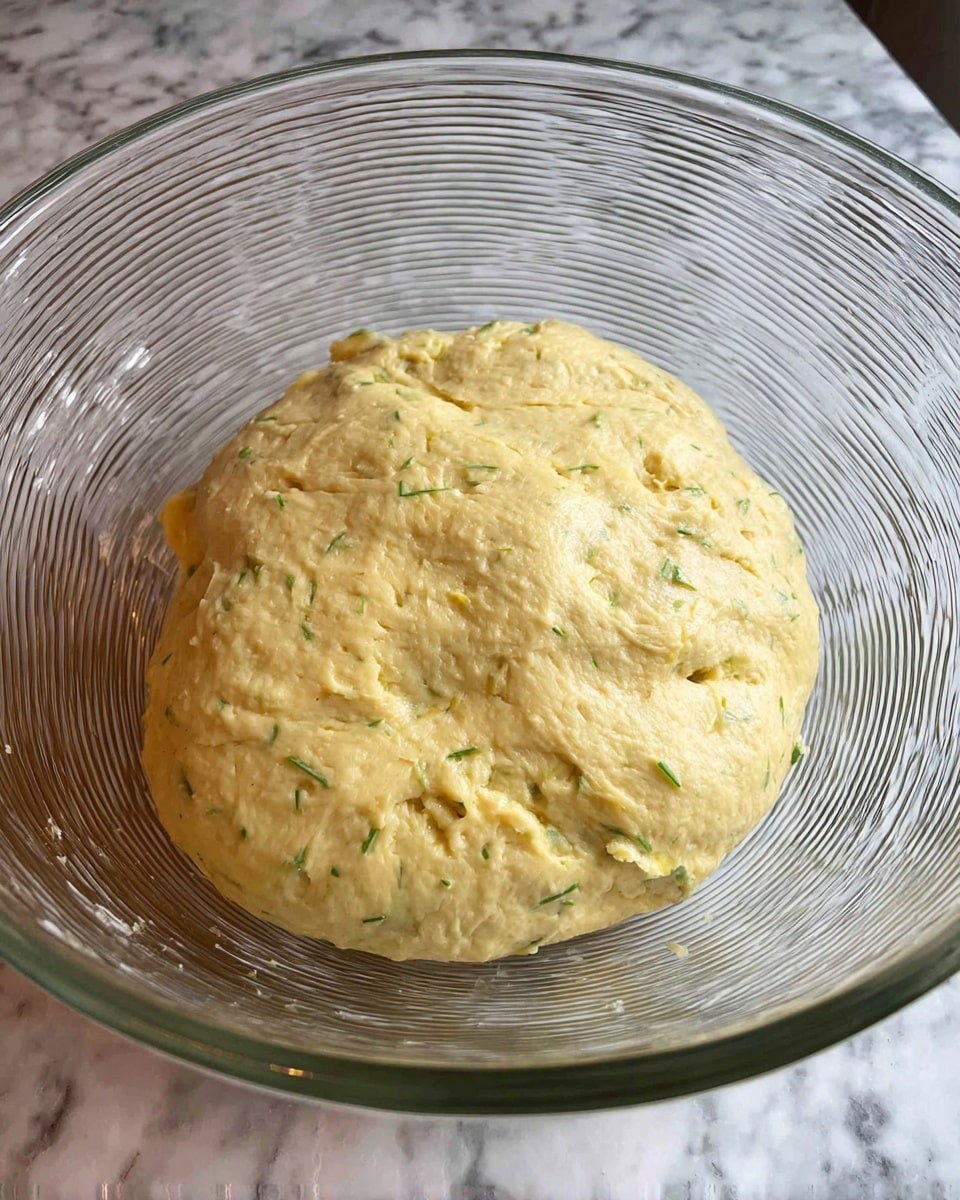 The image shows a thick, soft dough with a smooth texture and a light yellow color dotted with small green flecks, all placed in the center of a clear, round glass bowl with horizontal raised lines. The dough looks elastic and slightly shiny, resting on a white marbled surface. Photo taken with an iphone --ar 4:5 --v 7