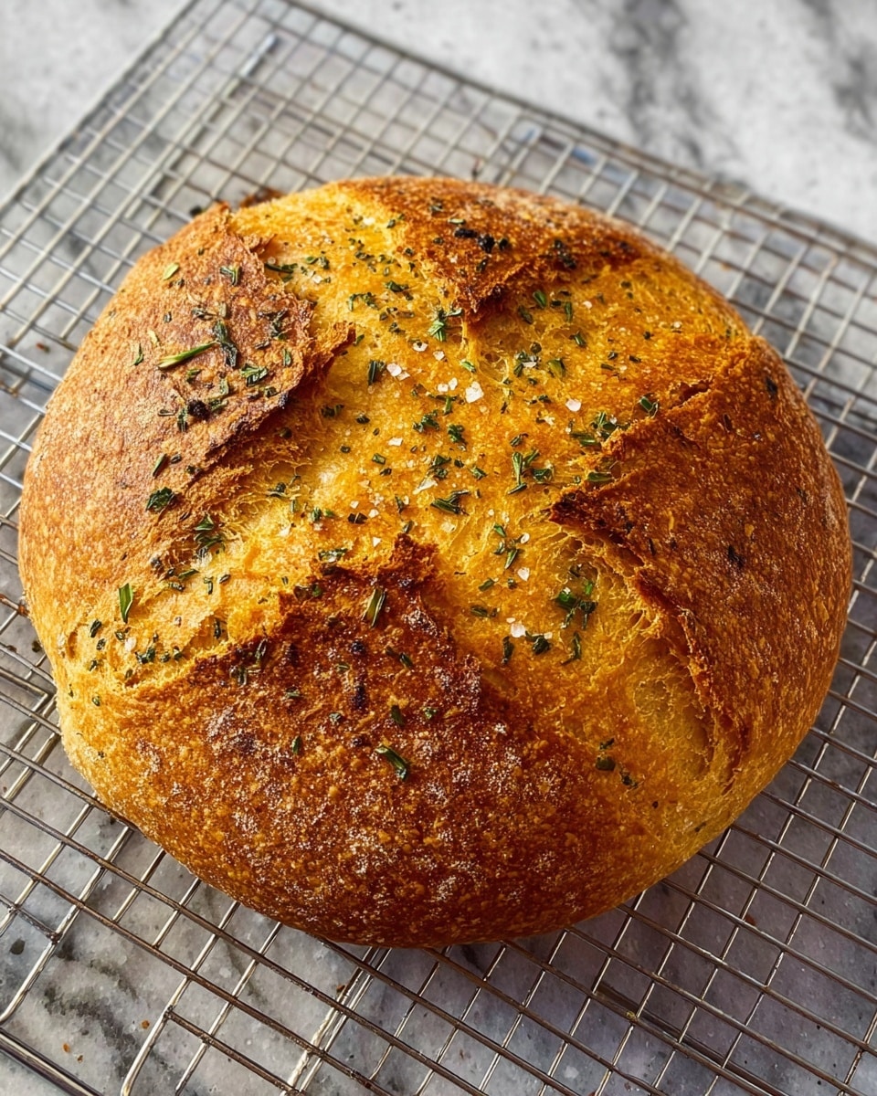 A round loaf of bread with a golden-brown crust sits on a metal cooling rack over a white marbled surface. The bread has a slightly rough texture with a cross pattern scored on top, revealing a lighter yellowish color underneath. Small bits of green herbs and coarse salt are sprinkled across the crust, adding detail and contrast. The loaf appears thick and rustic, with a well-baked, firm outer layer. photo taken with an iphone --ar 4:5 --v 7