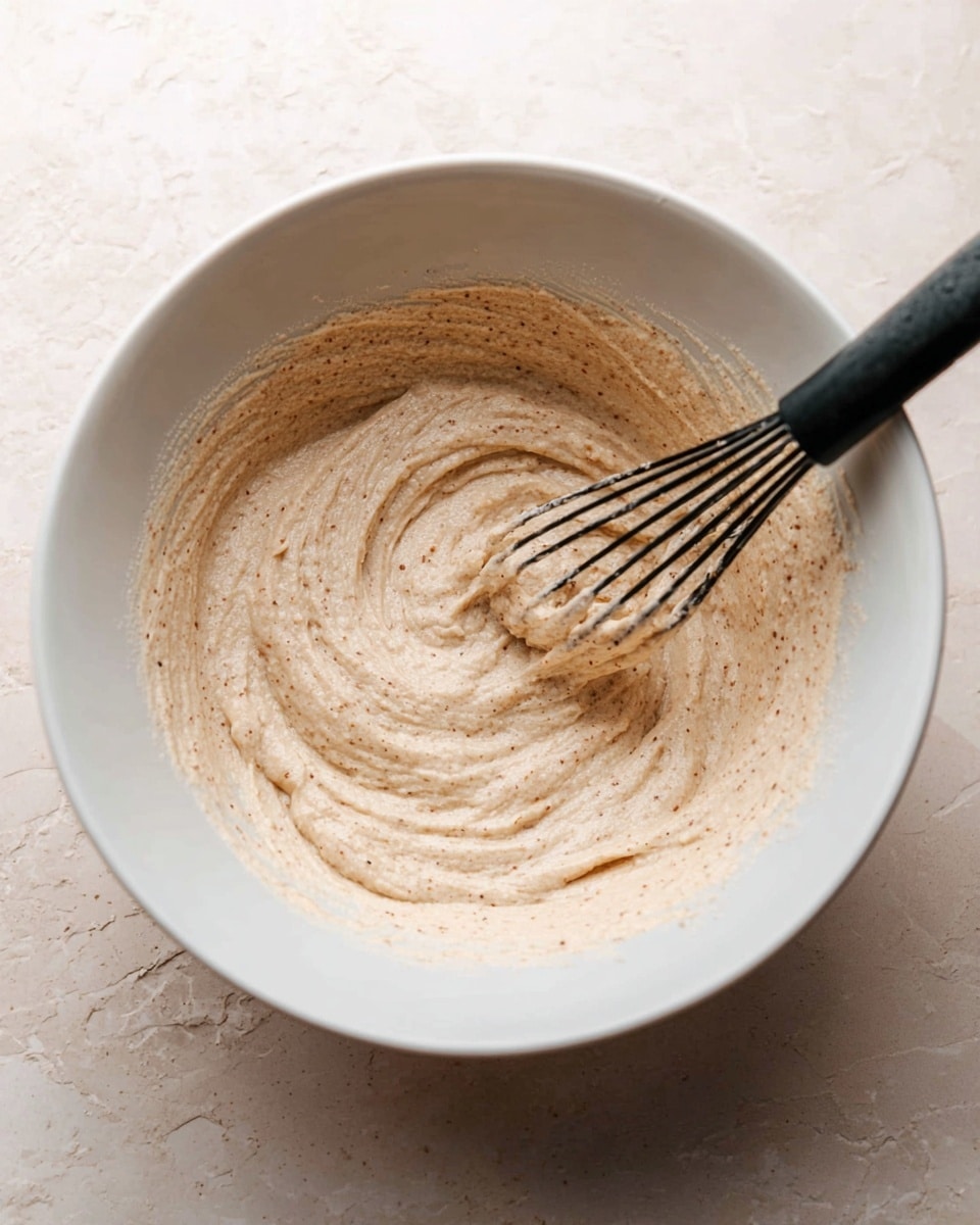 A white bowl sits on a white marbled surface, filled with a thick, light beige batter that has small brown specks throughout. The batter is unevenly spread inside the bowl with visible swirl patterns, suggesting it has been recently mixed. A black whisk rests in the bowl, partially covered in the same batter. The scene has a soft, natural light that gently highlights the texture of the batter and the smooth surface of the bowl. photo taken with an iphone --ar 4:5 --v 7