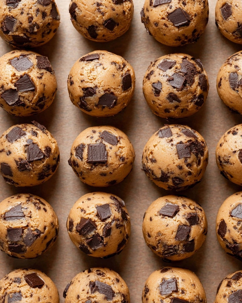 The image shows 16 round balls of cookie dough arranged in a 4 by 4 grid on a baking sheet. Each ball has a light brown color with a smooth, slightly shiny texture and is speckled with large, dark brown chunks of chocolate throughout and on top, giving them a rich and chunky appearance. The cookie dough balls sit close to each other in neat rows on a neutral baking surface. The photo is taken with a close-up perspective emphasizing the delicious texture of the dough and chocolate chunks. photo taken with an iphone --ar 4:5 --v 7