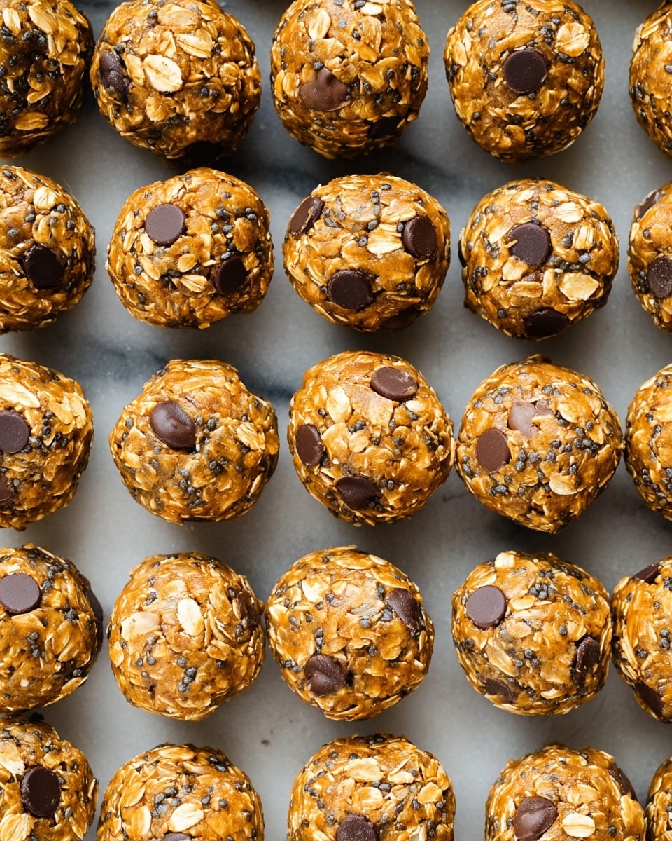 The image shows many small round balls made from oats, chia seeds, and peanut butter, with dark chocolate chips embedded on the surface. Each ball is rough-textured and golden brown with visible oats and chia seeds mixed throughout. Some chocolate chips are set deeper inside the balls, while others sit on top, adding dark brown spots that contrast with the lighter golden color. The balls are placed on a white marbled surface in a grid pattern, closely packed together with no space between them. The photo taken with an iphone --ar 4:5 --v 7