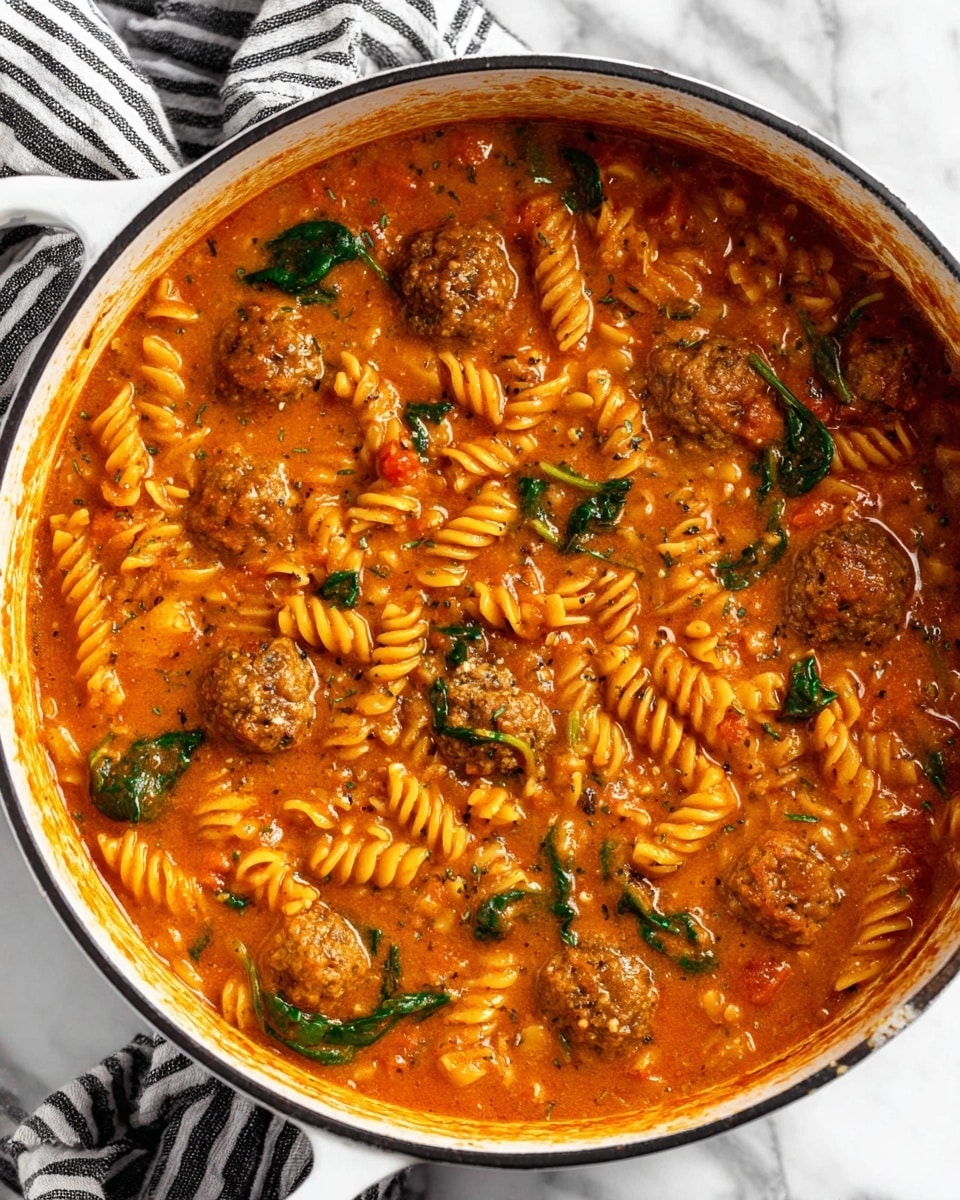 A close-up top view of a white pot filled with a thick orange-red sauce containing visible bits of tomato and herbs, with spiral pasta pieces scattered throughout and small brown meatballs evenly mixed in. There are green leafy bits of spinach dispersed in the sauce, adding color contrast. The pot sits on a white marbled surface with a black and white striped cloth nearby. Photo taken with an iphone --ar 4:5 --v 7
